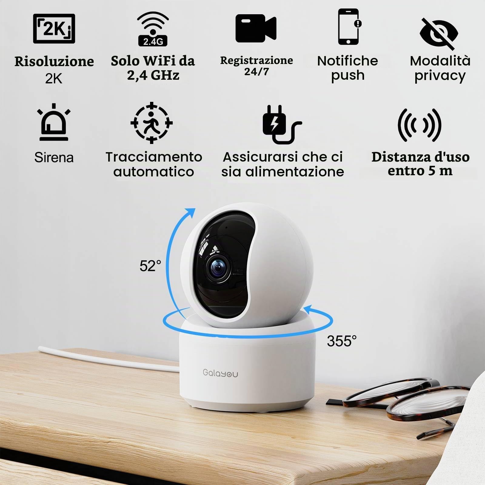 GALAYOU 2K Telecamera Wifi Interno, Videocamera Sorveglianza Interno Wifi, IP Cam 360 con Visione Notturna, Tracciamento di Movimento, Audio Bidirezionale, Funziona con Google Assistant G2
