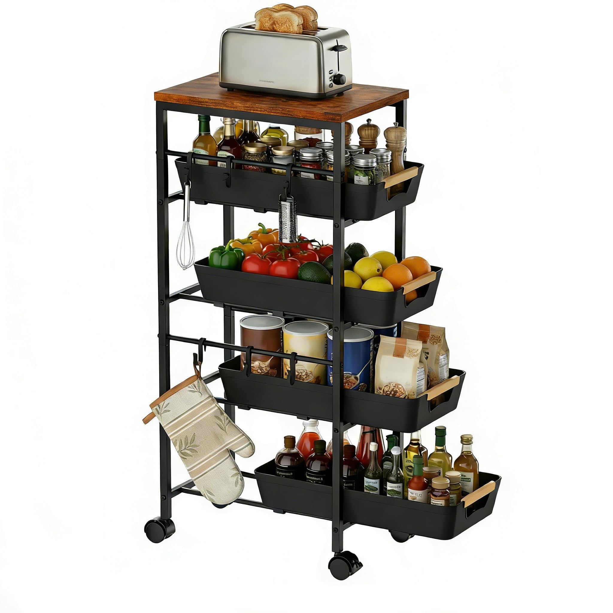 Uwoodia 5 Tier Slim Storage Trolley on Wheels Metal Kitchen Rolling Cart with