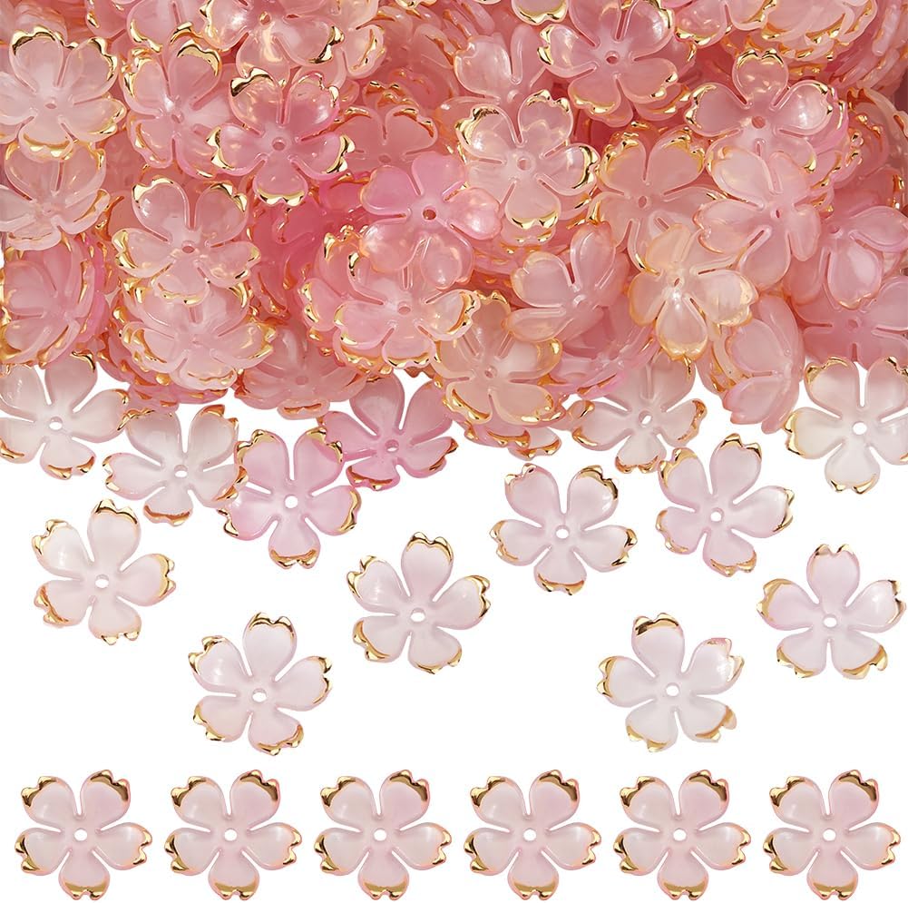 SUNNYCLUE 1 Box 200pcs Pink Acrylic Flower Beads Plastic Bead Caps Small Pearl Colored Gradient 5-Petal Flowers Shaped Spacer Bead for Jewelry Making Earrings Necklace Women Adults DIY Crafts