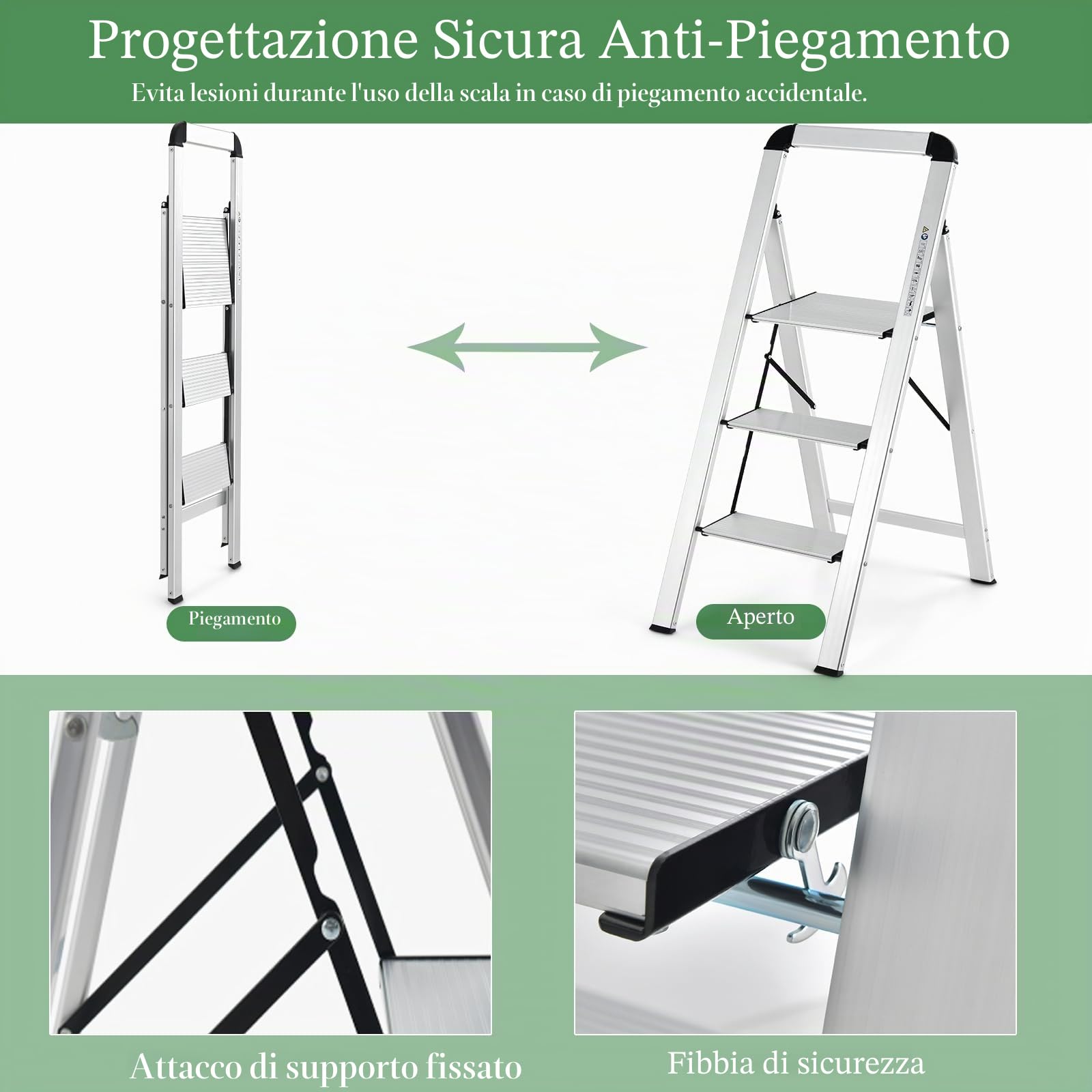 SOARS Scala 3 Gradini in Alluminio, Scaletta Pieghevole con Piedini Antiscivolo, Leggera e Portatile, Portata 150 kg, Attacco & Fibbia di Sicurezza, per Casa, Officina, Garage, 44 X 62 X 109 CM