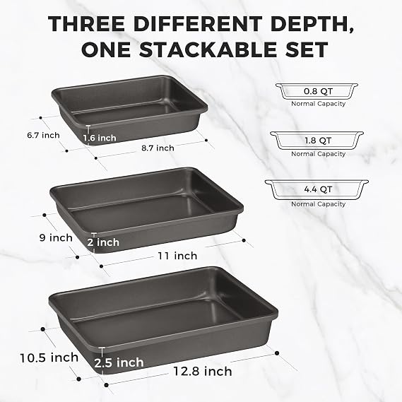 HONGBAKE Deep Baking Pans Set for Oven, Nonstick Rectangle Sheet Cake Baking Pans, 13/11/9 Inch Rectangular Oven Tray for Cooking Brownie Lasagna, Stackable Multi-Depth Bakeware, Black