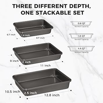 HONGBAKE Deep Baking Pans Set for Oven, Nonstick Rectangle Sheet Cake Baking Pans, 13/11/9 Inch Rectangular Oven Tray for Cooking Brownie Lasagna, Stackable Multi-Depth Bakeware, Black