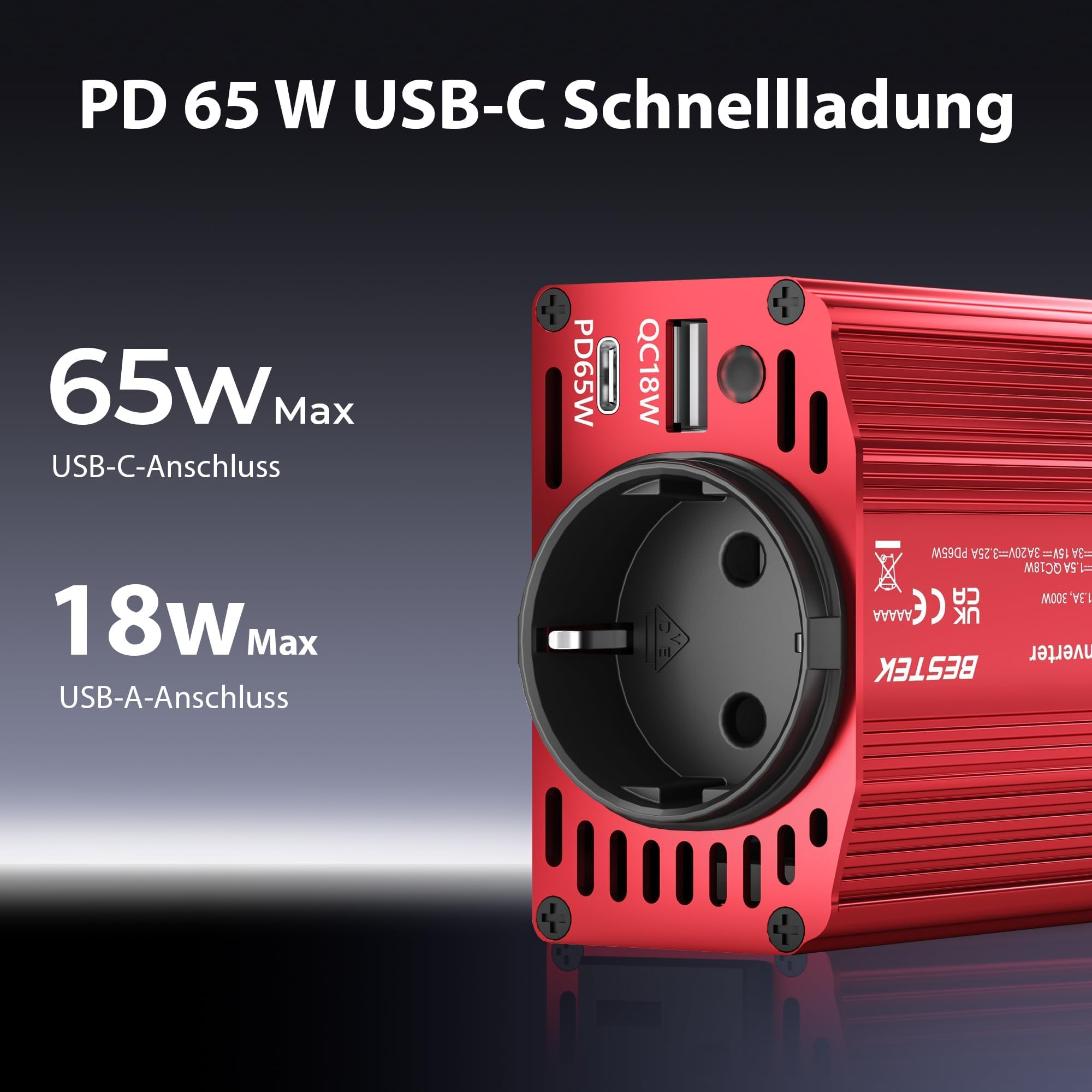 BESTEK 300W Wechselrichter/Spannungswandler 12v 230v /Stromwandler Inverter 12v auf 230v /mit Zertifiziert und Dual USB 4,8 A（PD65W&QC18W） inkl. Kfz Zigarettenanzünder Stecker Rot
