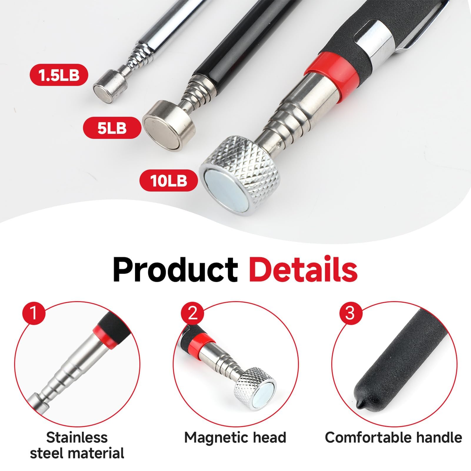 Iman Telescópico Flexible 4 Piezas Herramienta Recogida Tornillos Tuercas Pernos 1.5LB/5LB/10LB