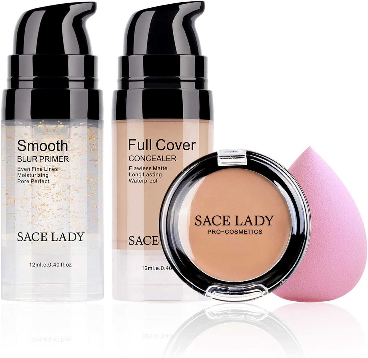 SACE LADY Full Coverage Concealer with Pore Primer Sponge Make-Up Kit, Waterproof Flawless Natural Liquid Foundation Corrector Makeup Set for Women Eye Dark Circles Spot Acne Scar Cover (12ml)