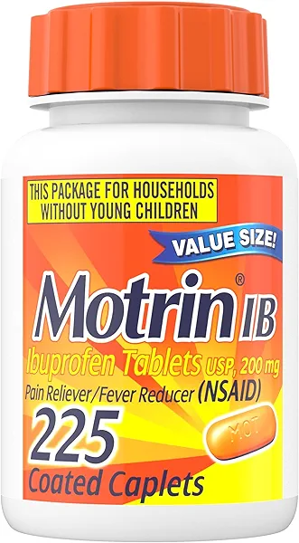 Motrin IB Ibuprofen 200mg Tablets, Fast-Acting Pain Reliever & Fever Reducer, Over-the-Counter Cold Medicine for Headache, Backache, Toothache, Menstrual Cramps & Minor Arthritis Pain, 225 Count