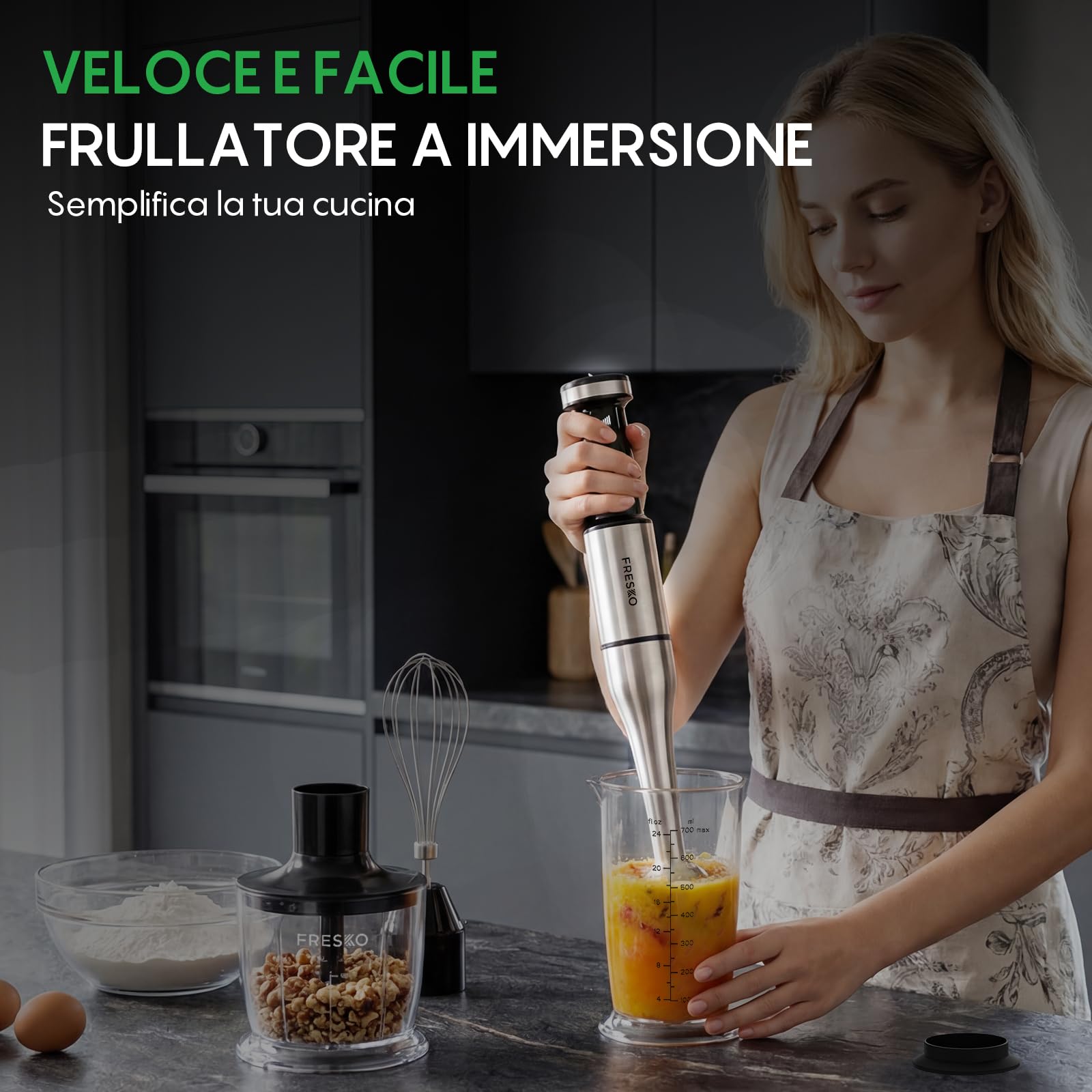 FRESKO Frullatore a Immersione 1000W, Velocità Regolabile, Frullatore in Acciaio Inox con Protezione per Pentole, 4 Accessori, Frullatore Manuale per Alimenti per Bambini, Zuppe, Smoothies