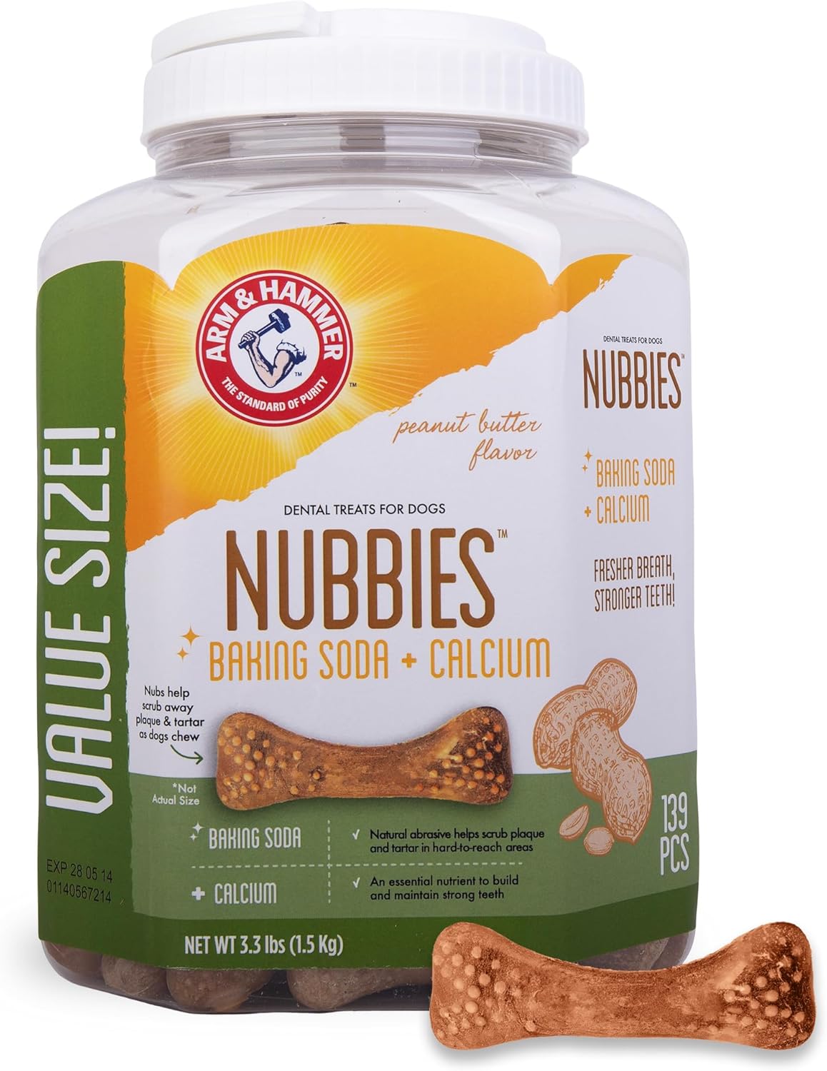 Arm & Hammer for Pets Nubbies Dental Treats Value Size - Baking Soda & Calcium Dog Dental Chews, Helps Scrub Plaque & Tartar While Chewing, Peanut Butter Flavor, 139 Count, 52.8 Oz