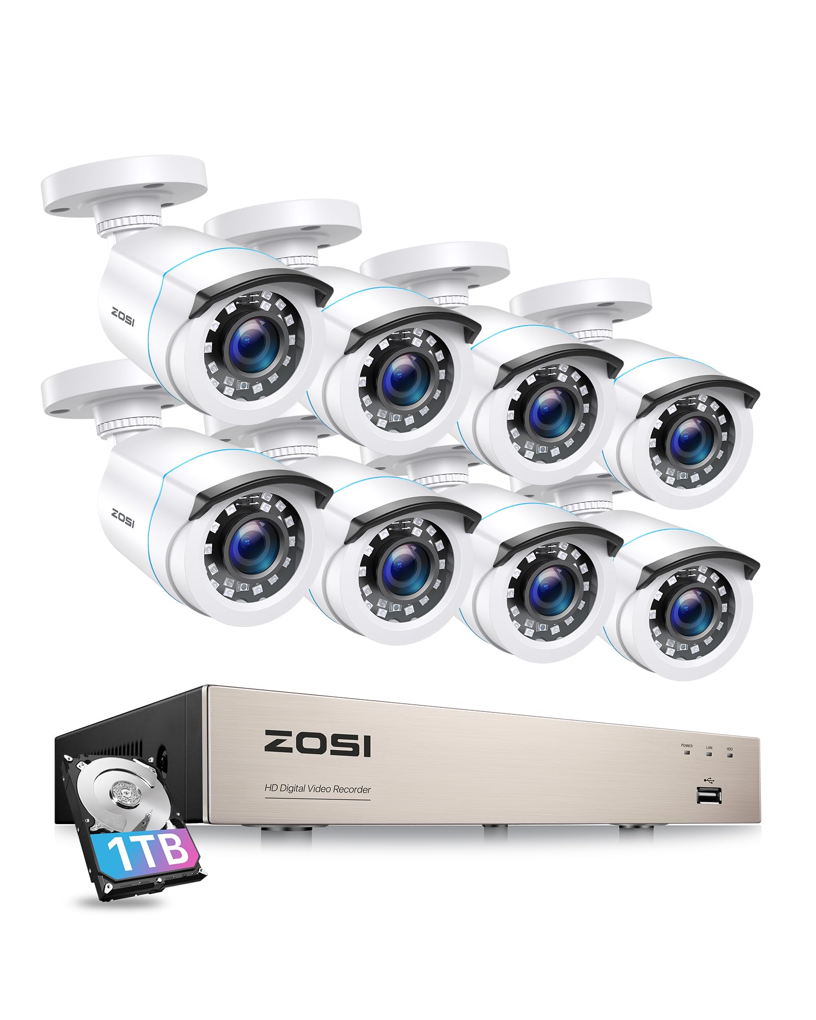 ZOSI CCTV Kit de Cámaras de Seguridad 5MP Lite Sistema 8CH DVR + 8 Cámaras 1080p Exterior + 1TB Disco Duro