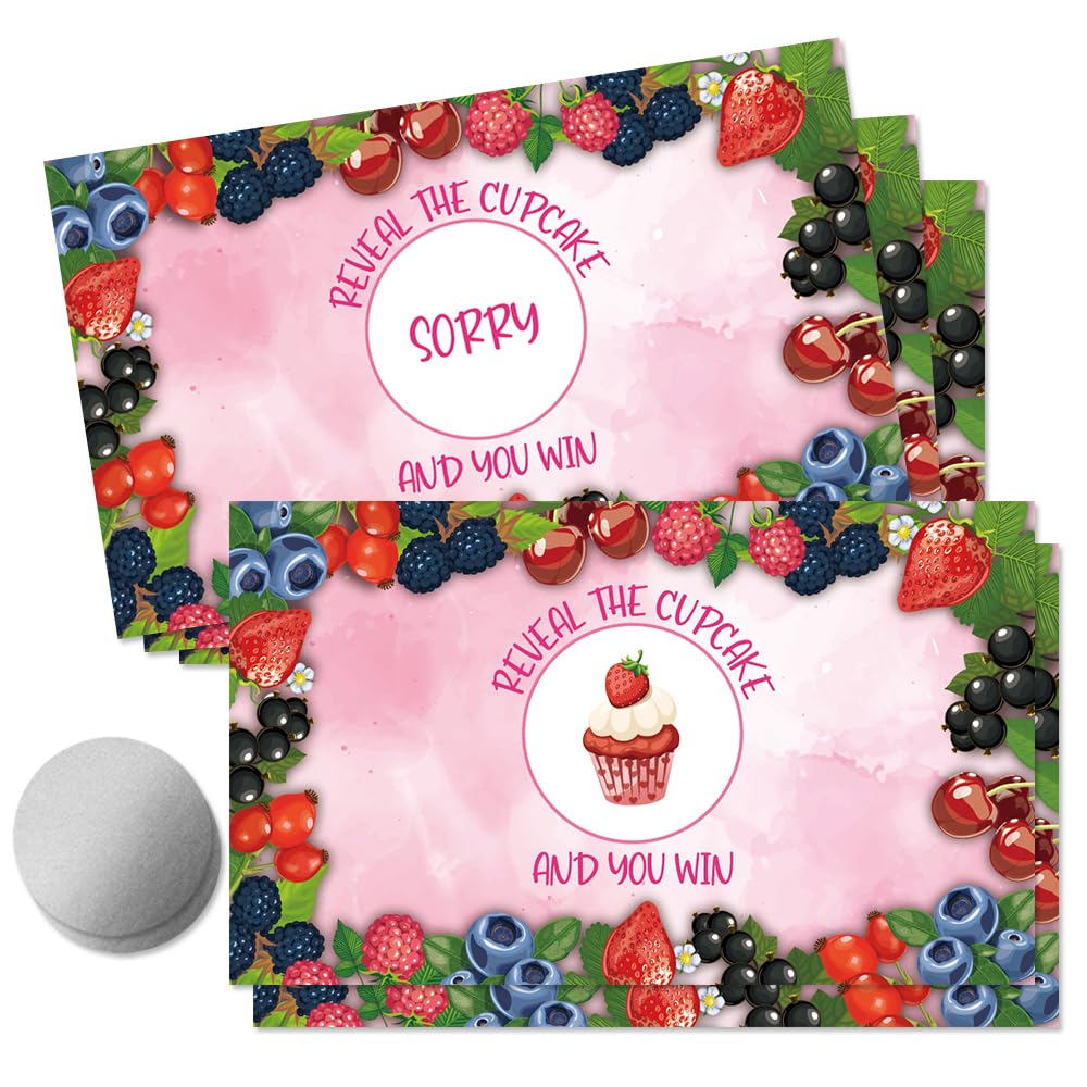 THEBESTU 50 Psc Berry Scratch off Game Cards, Sweet Berry Pink Scratch Cards for Birthday Baby Shower Party, Blueberry Strawberry Party Supplies,