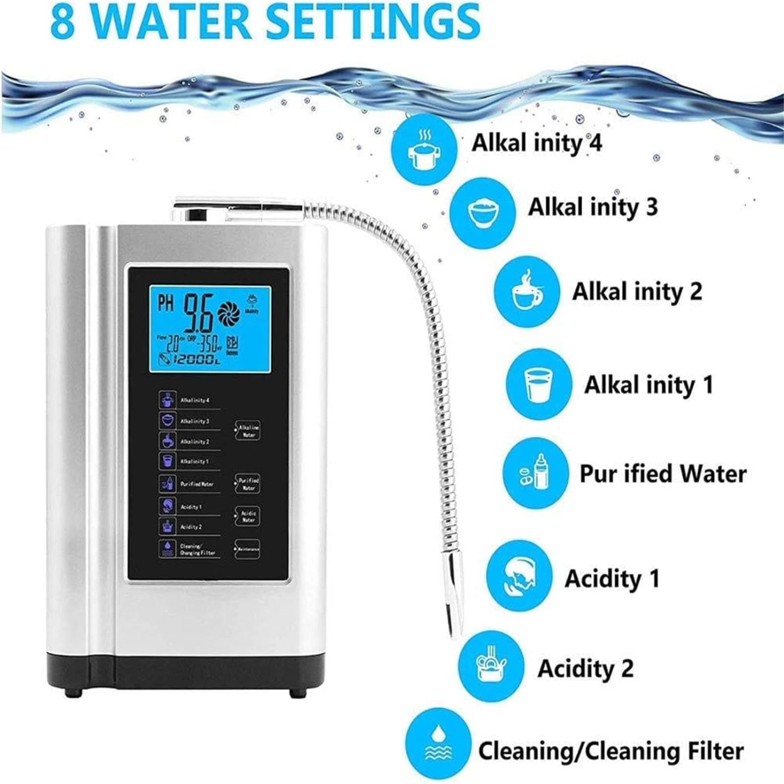 Máquina ionizadora de Agua alcalina, 7 configuraciones de Agua, Sistema de filtración de Agua para el hogar pH3.5-10.5, hasta -500mV ORP, 8000L por Filtro (Sliver)