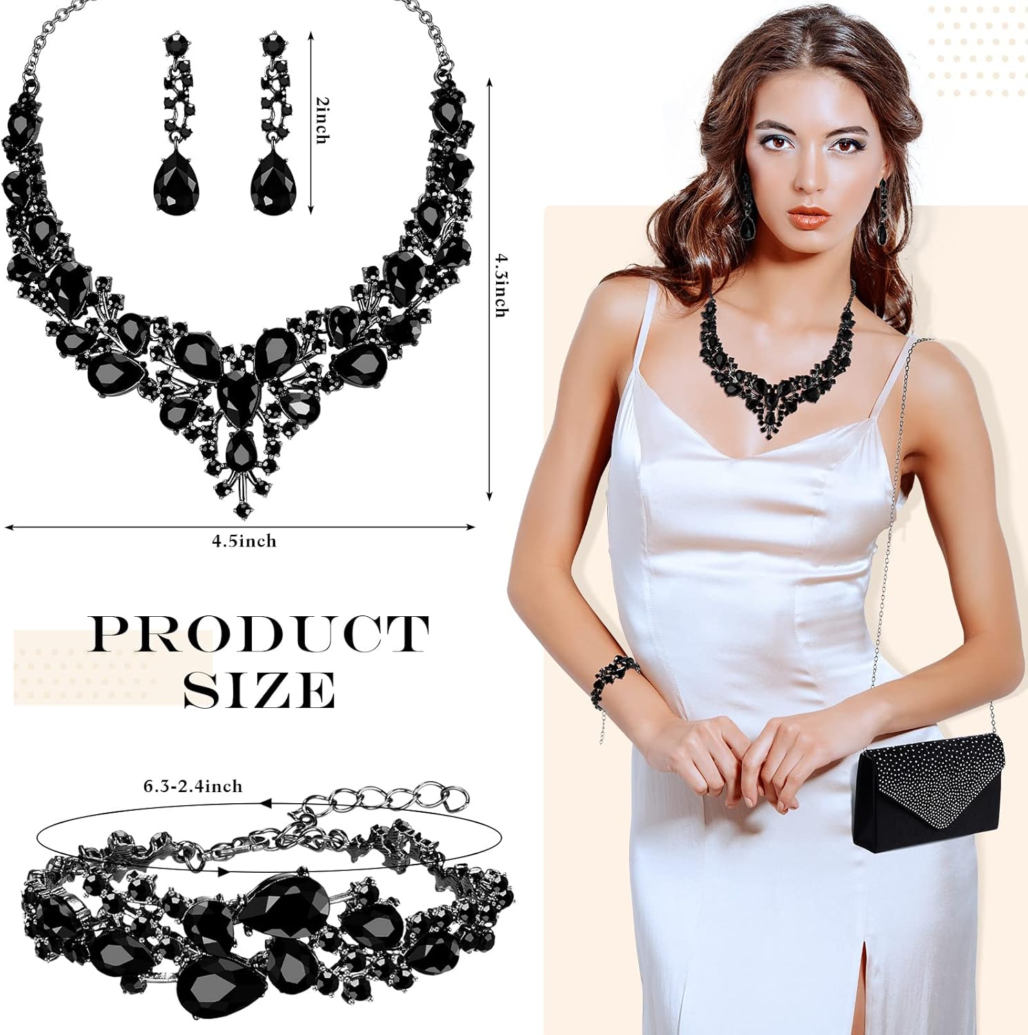 Epakh 4 Piece Black Clutch Purses Jewelry Set for Women, Glitter Rhinestone Evening Bag Handbag, Crystal Necklace, Earrings and Bracelet Black Costume Sets for Women Bridal Wedding Party
