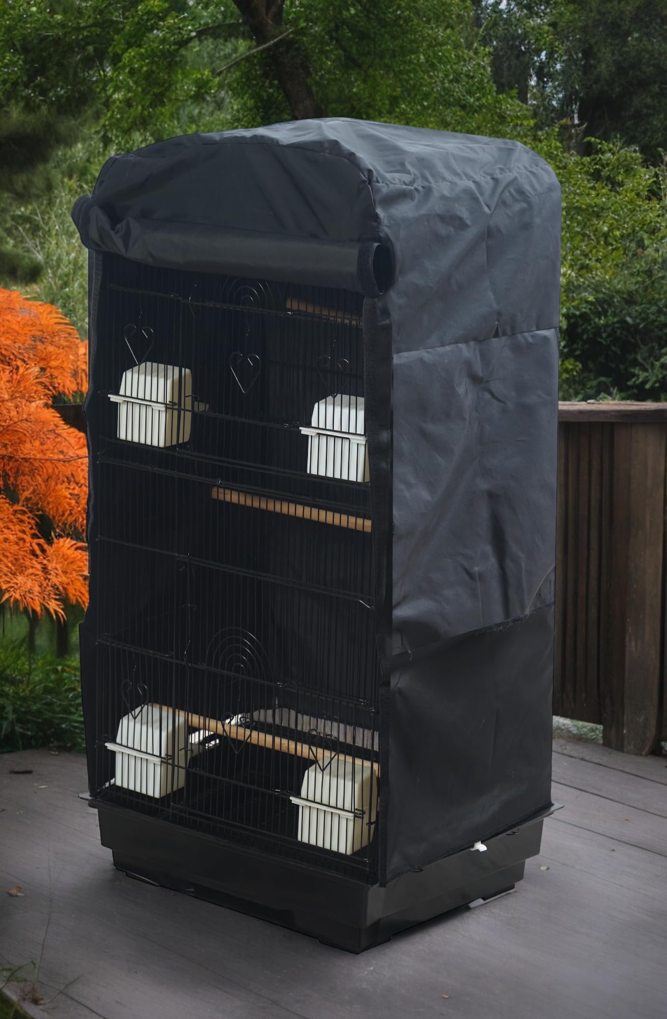 Pet's Solution - Gabbia Uccellini Accessoriata con Tetto Apribile, Mangiatoie, Posatoi, Trespolo Esterno, Altalena, Vassoio Estraibile e Varie Aperture - Nera, 47x36x102h cm (Con Copertura)