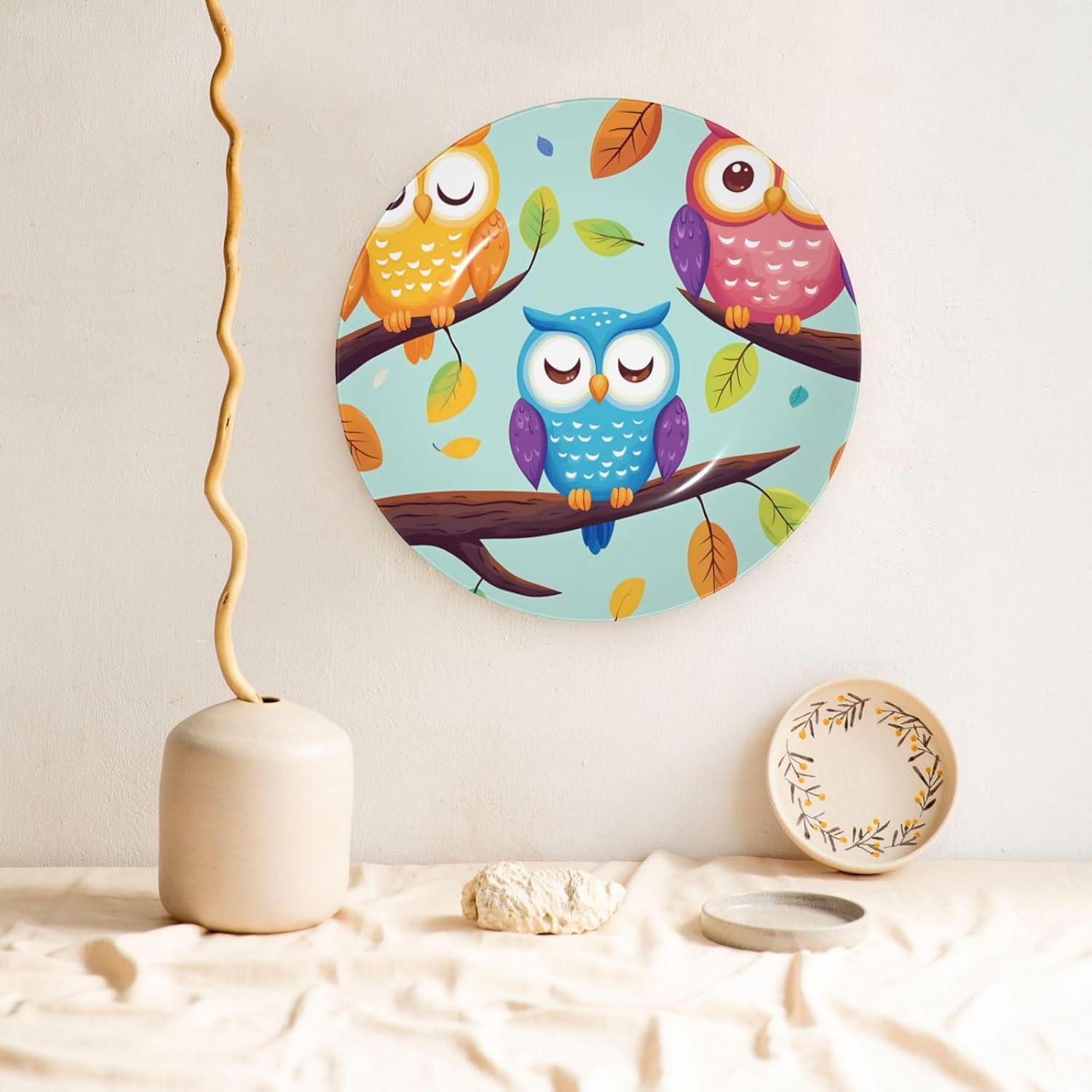 Owls On Tree Style Ceramic Plate Display Home Display With Stand Wall Hanging Plate For Home Decor 10 Inch