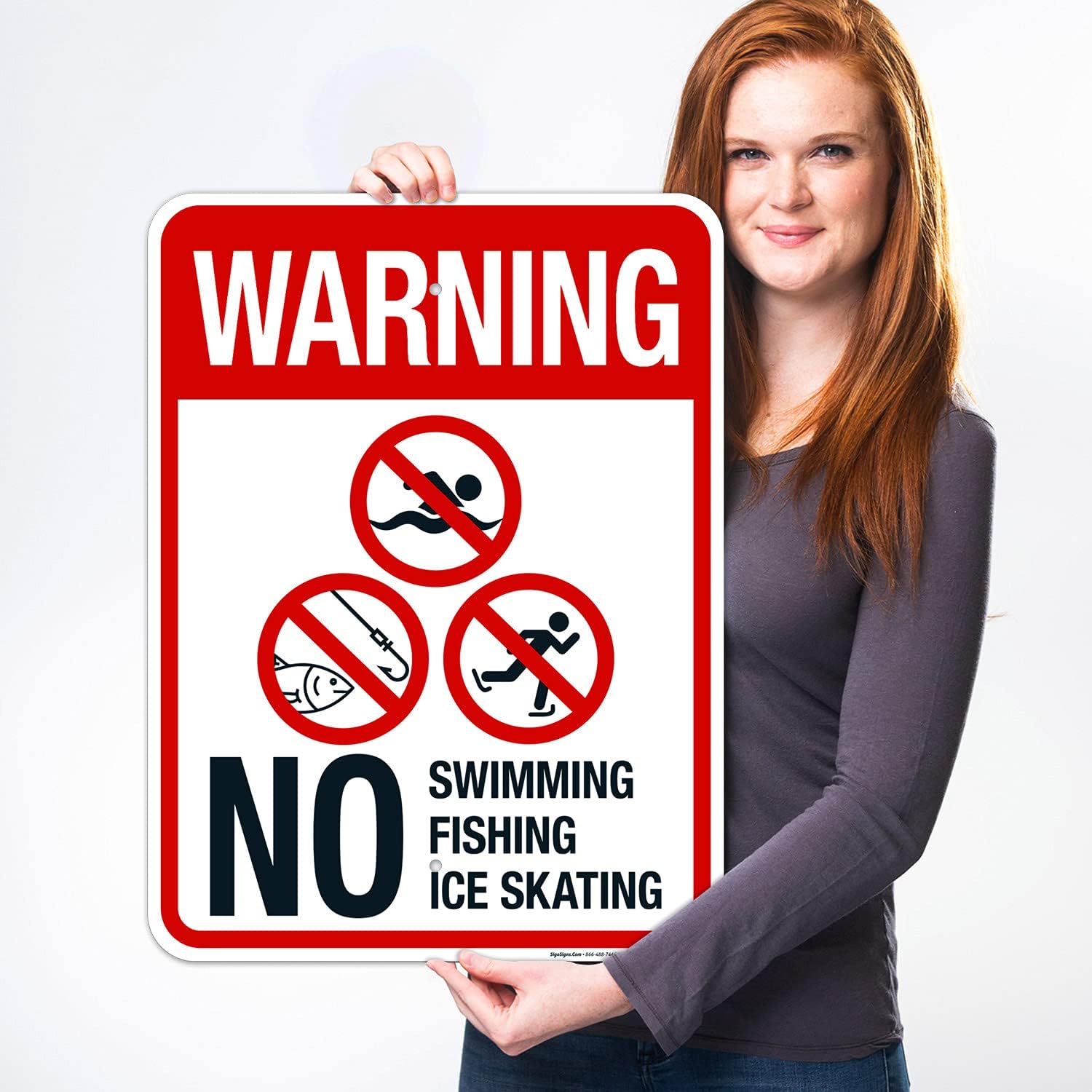 Warning No Swimming Fishing Ice Skating Sign, 18x24 Inches, Rust Free .063 Aluminum, Fade Resistant, Made in USA