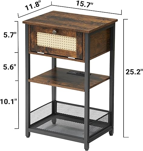 Miniatura 2 de J-yaamiZz Mesa auxiliar con estación de carga, puertos USB y tomacorrientes, cajón y estante de almacenamiento de 2 niveles, mesa auxiliar para sala