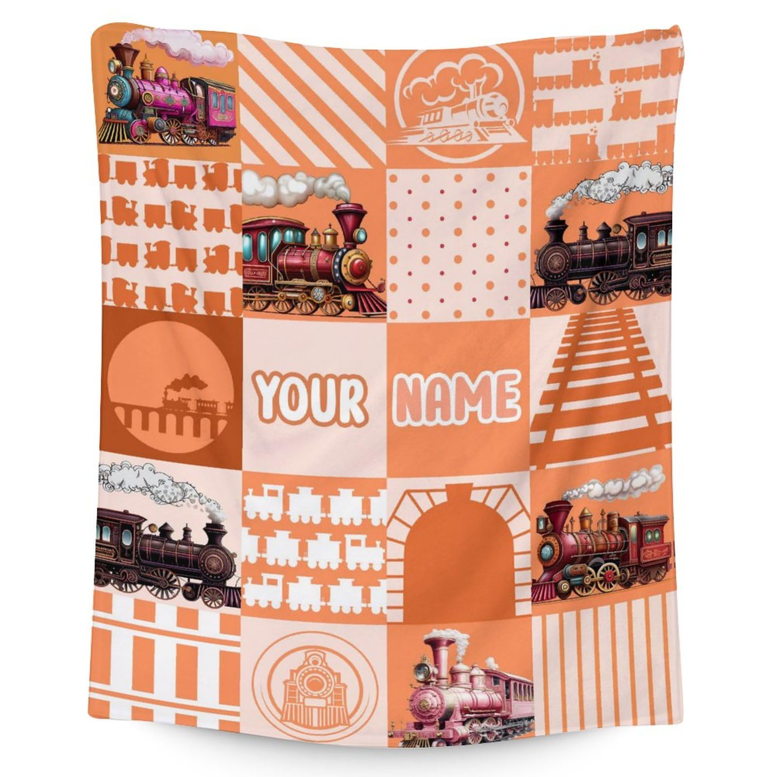 Custom Train Blanket for Boys - 50x60 Inches Throw Size - Soft Fuzzy Warm Throws Gifts - Orange Cute Throw Blanket for Bed, Couch, Sofa