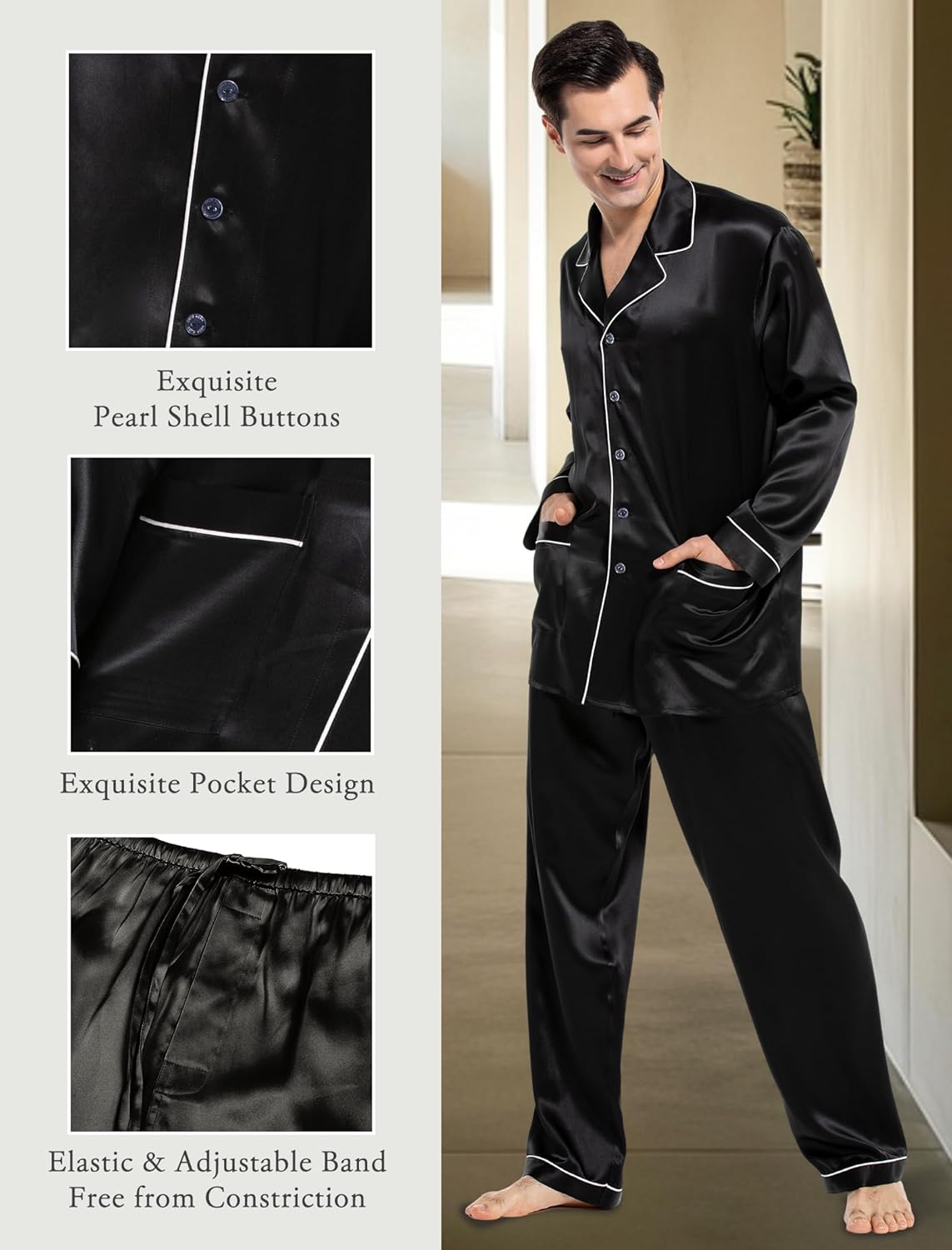 COLD POSH 100% 19MM Mulberry Silk Pajamas for Men Soft Lightweight Mens Silk Pajama Set for Valentines Pjs - Image 4