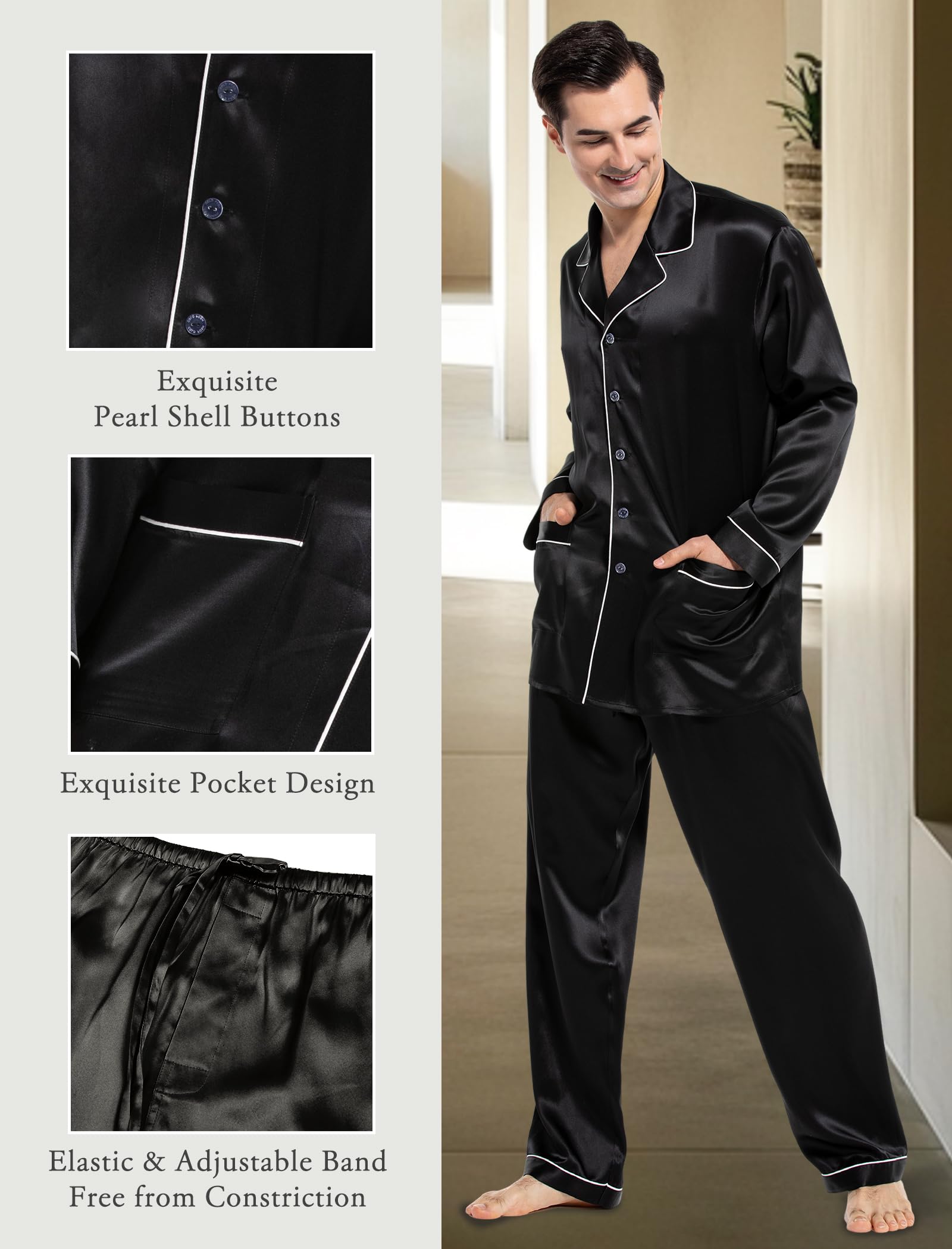 COLD POSH Herren Seide Schlafanzug Pyjama Homewear 19 Momme Nachtw?sche mit Langen ?rmel Loungewear