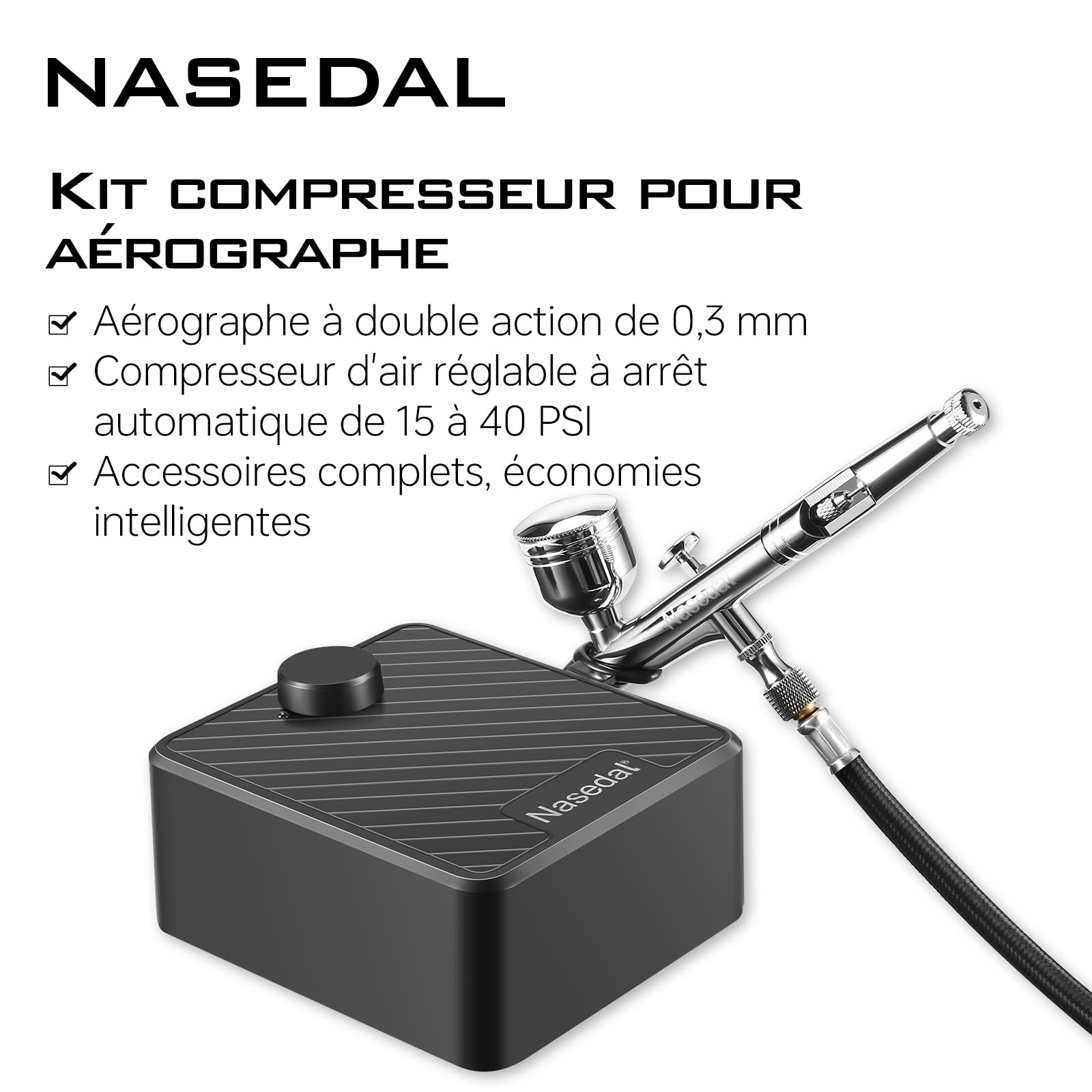 Aerographe Kit Complet avec 40PSI Compresseur d'air auto-stop, Double Action Modeling Paint Gun, Buses 0,2/0,3/0,5 mm,pour Nail, Peinture, Aérographe Modelisme, Tatouage, Maquillage, Gâteaux