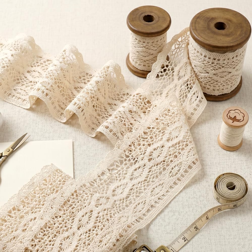 IDONGCAI Vintage Crochet Lace Trim, 5" x 5 Yards Cotton Lace Ribbon for Sewing - Boho Edging for Table Runners, Farmhouse DIY Crafts, Scrapbooking & Rustic Wedding Decor