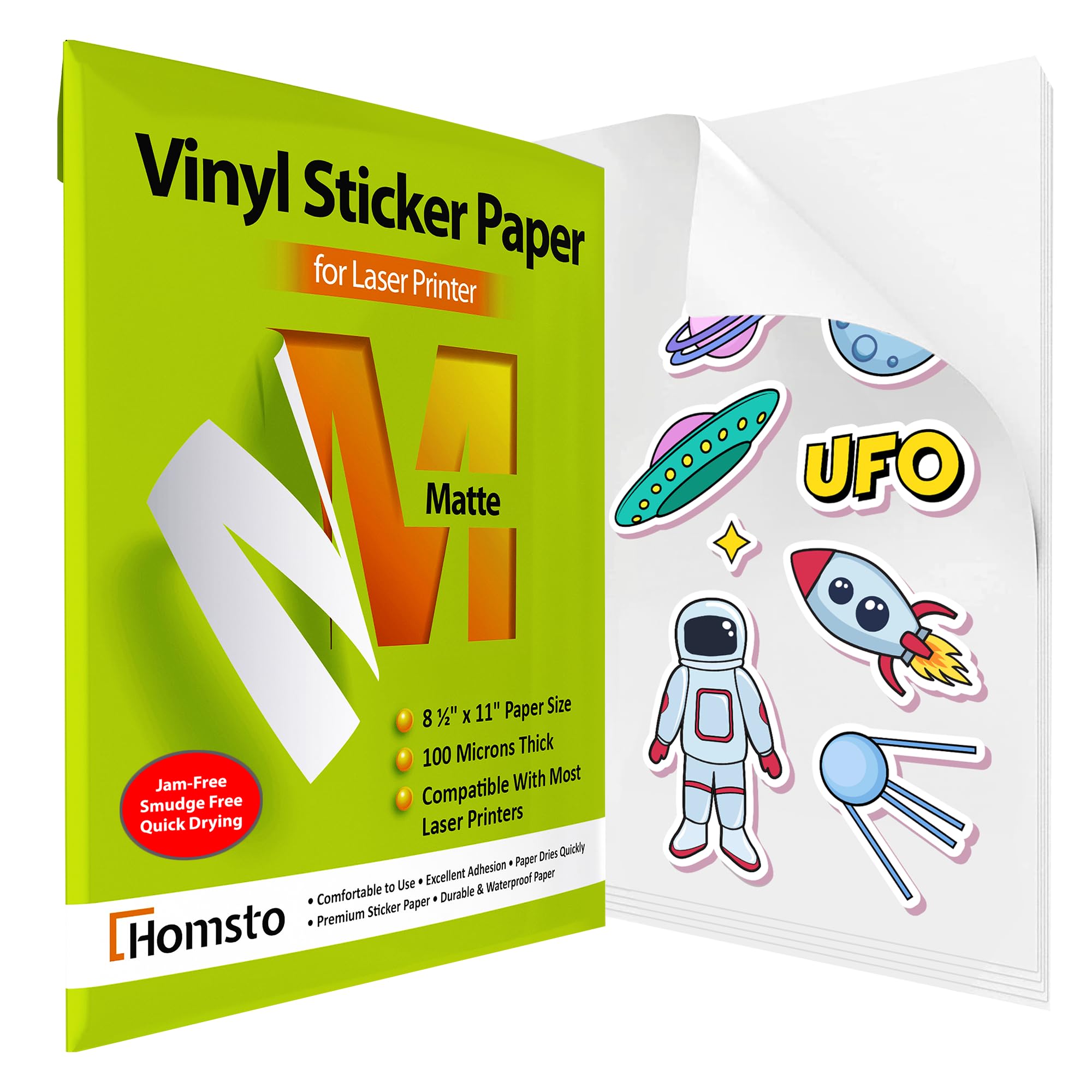 HOMSTO Vinyl Sticker Paper, Matte Printable Vinyl Sticker Paper for Laser Printer, Quick-Drying, Water and Scratch-Resistant, Self-Adhesive for Most Surfaces, 8.5 x 11 Inches