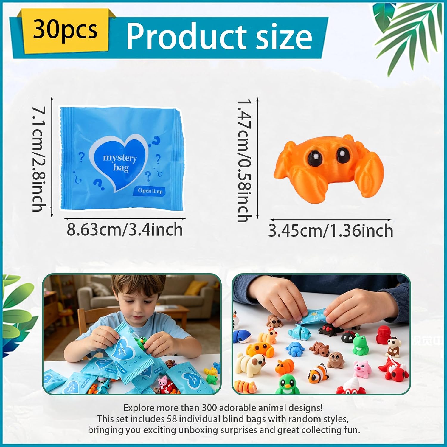 30PCS 3D Printed Animals Blind Bags, Mystery Pack Mini Animal Toys from 300 Styles, Flexible Articulated Fidget Desk Toys for Kids Party Favors Classroom Prizes Goodie Bags Birthday Gifts