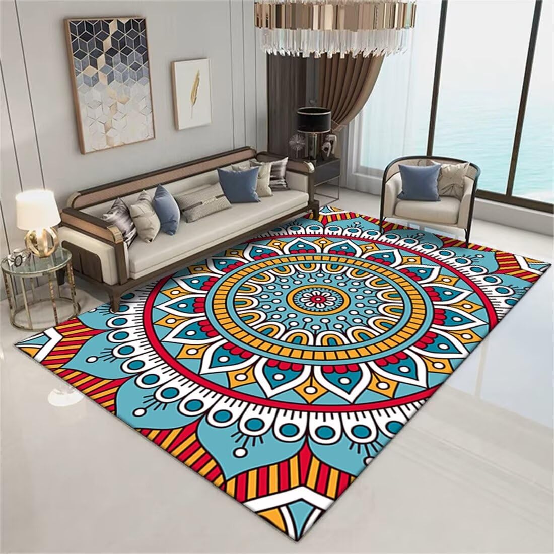 Tapis de salon et de chambre moderne bleu 90x200cm au design végétal
