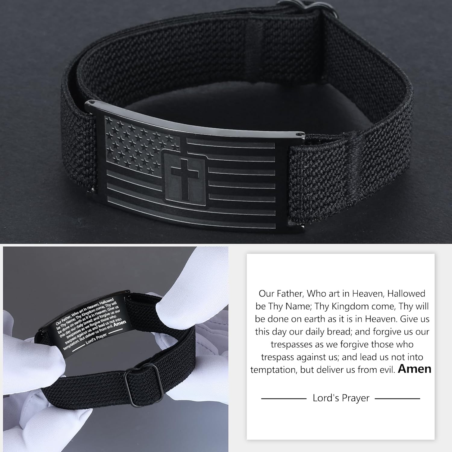 Mens Bracelet - American Flag Christian Cross Bracelet for Boys - Adjustable Black Elastic Stretch Strap with Bible Verse - Gift for Son Grandson - Image 5