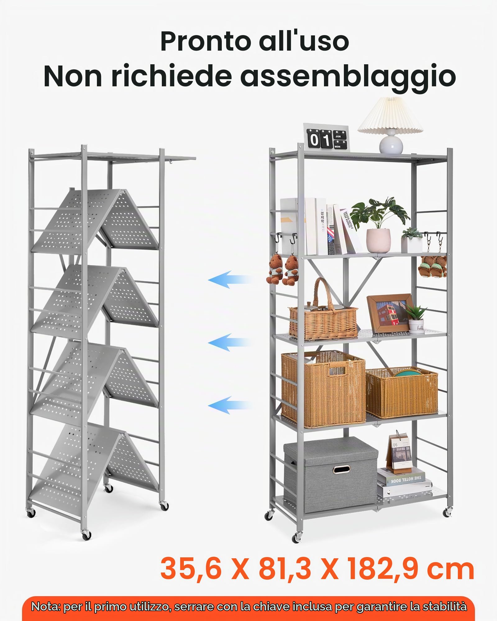 VEVOR Scaffale Portaoggetti Pieghevole a 5 Ripiani con Ruote, 360 x 810 x 1830 mm, Scaffale in Metallo Pieghevole, Robusto Resistente Senza Montaggio, per Garage, Cucina, Cantina Grigio
