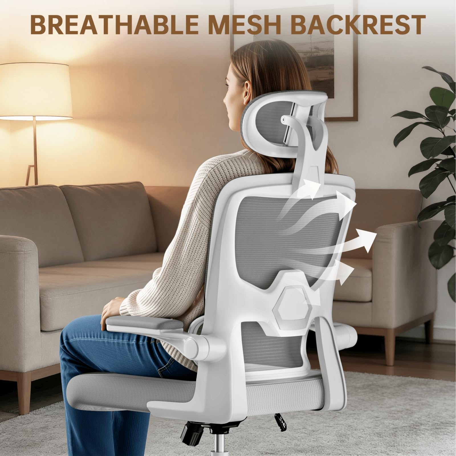 Silla de oficina giratoria ergonómica con función de balancín, reposacabezas ajustable y reposabrazos abatibles, respaldo de soporte de 4 zonas, soporte lumbar dinámico, asiento de malla