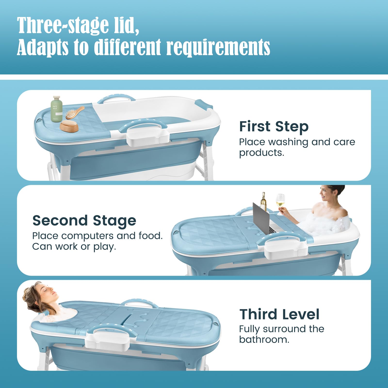 Bañera Plegable para Adultos, Bañeras Plegables Móvil con Rodillos de Masaje y Cubierta Extraíble, Bathtub Plegable Portátil para Baños Pequeños, Cesta de Jabón, Termómetro, Balcón, Azul, 118x62x52cm