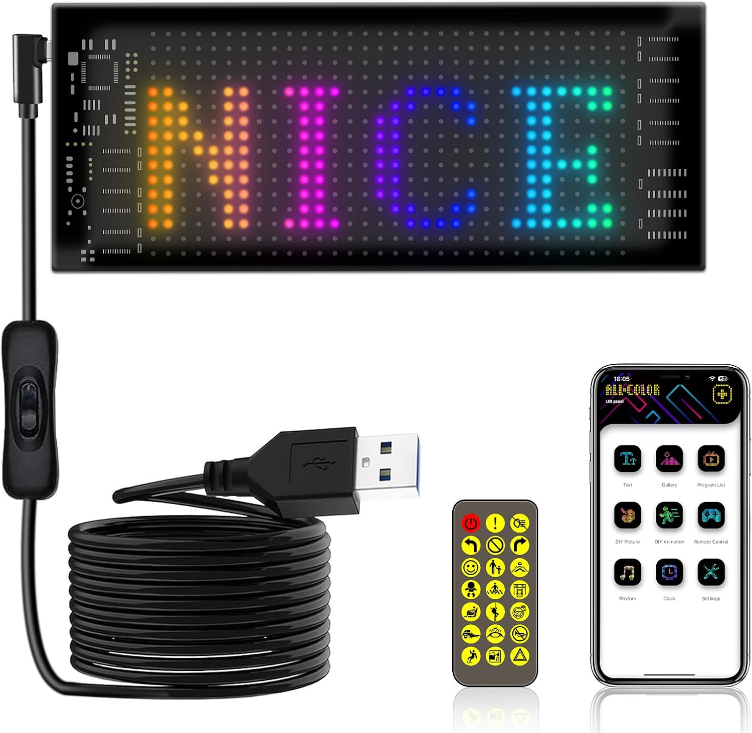 LED Pixel Display Board, App-Controlled Digital Sign with Remote, RGB Message Screen, Black (16 * 32 LED Matrix Panel)