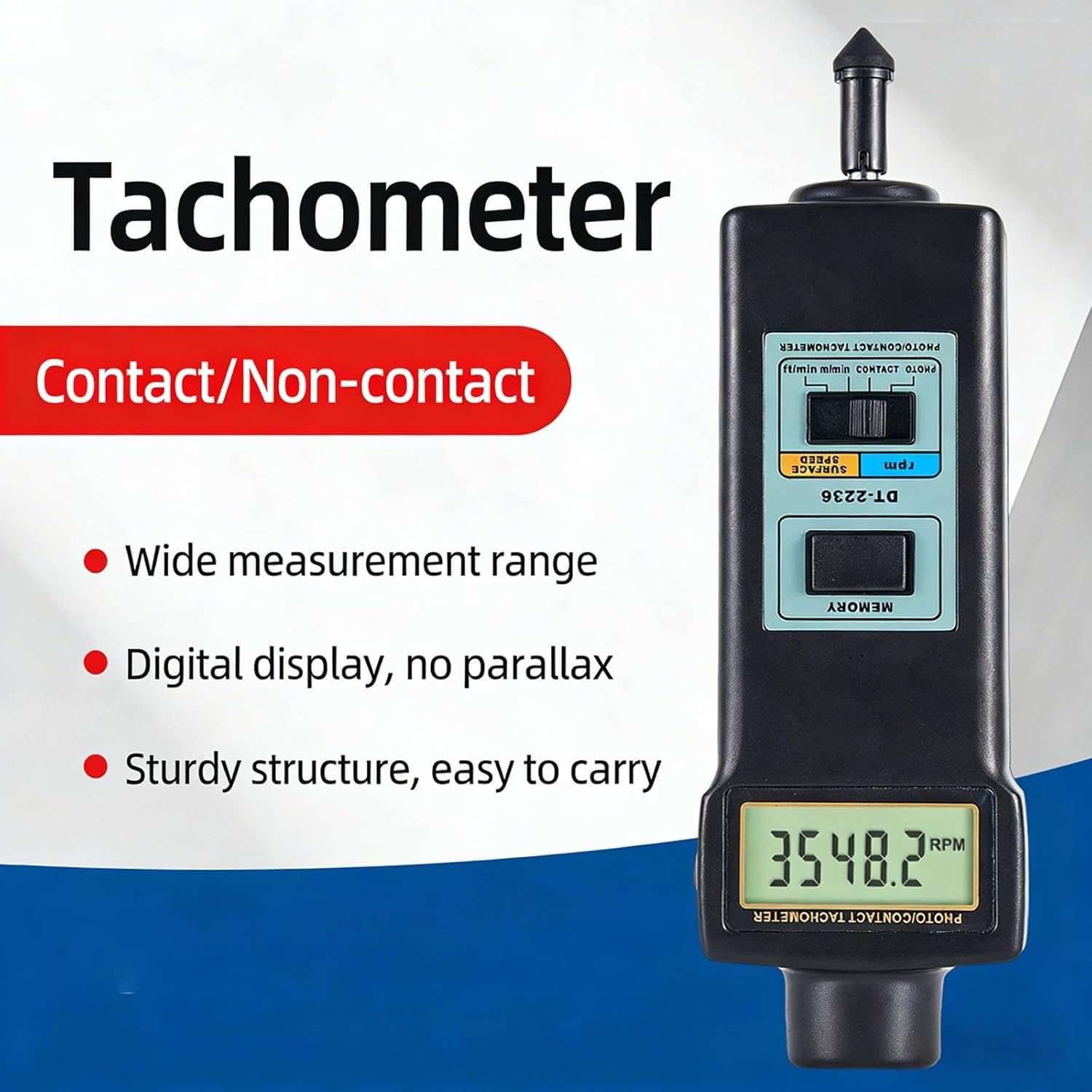 Tacómetro Digital de Mano con 4 sondas, probador de RPM de Contacto y fotografía con Pantalla LCD (2,5-99,999 RPM), medición de Velocidad Lineal (m/min, pies/min), for Motores, Ventiladores