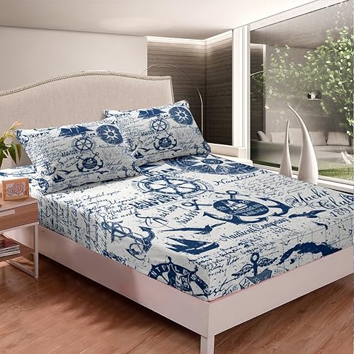 Miniatura 2 de jejeloiu Juego de sábanas decorativas de ancla para niños, tamaño Queen, con estampado de timón, sábanas temáticas náuticas con sábana bajera