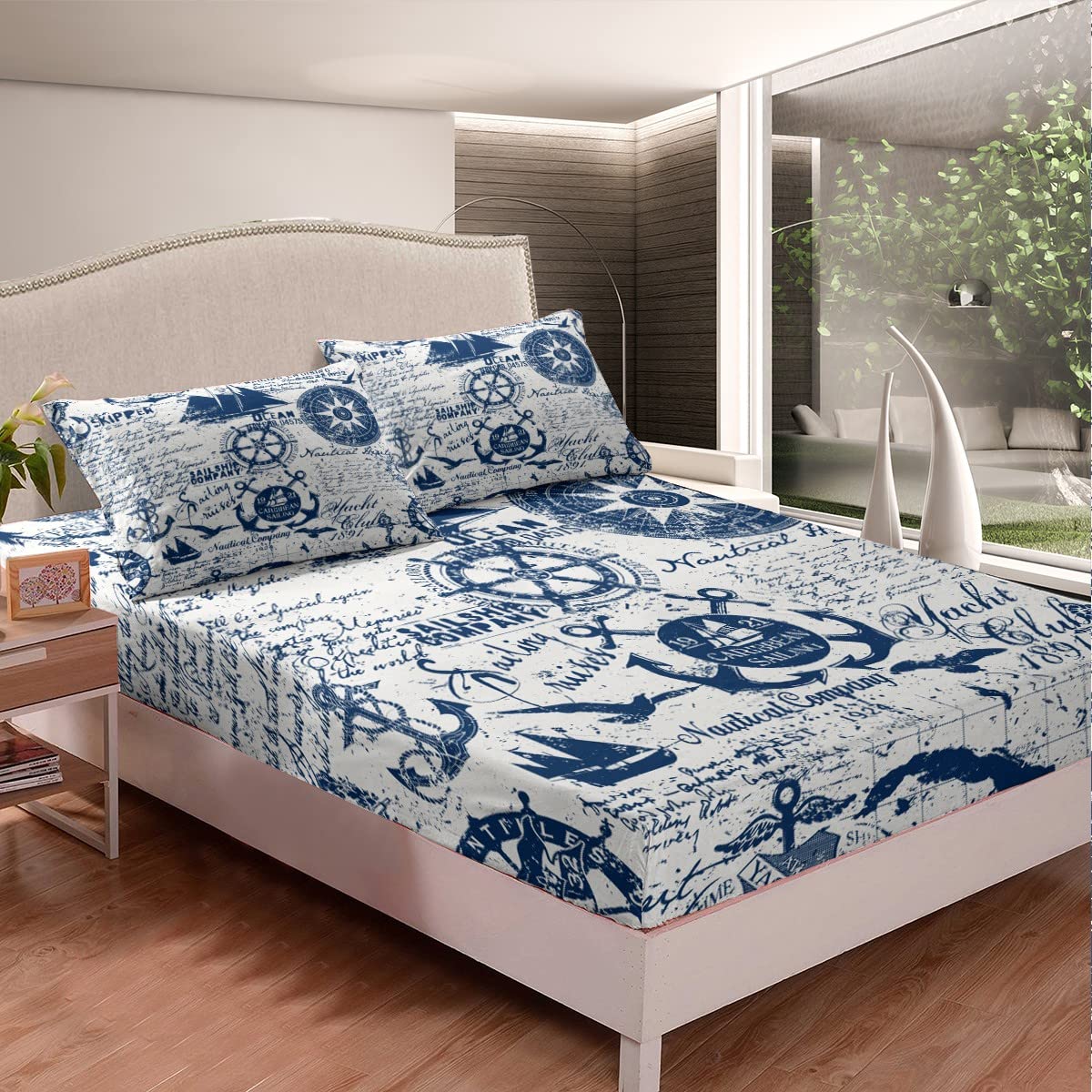 jejeloiu Kids Anchor Decor Sheet Set Full Size Rudder Print Bed Sheets Set Nautical Themed Sheets with Deep Pocket Fitted Sheet Sea Adventure Blue Bedding Set with 2 Pillow Case
