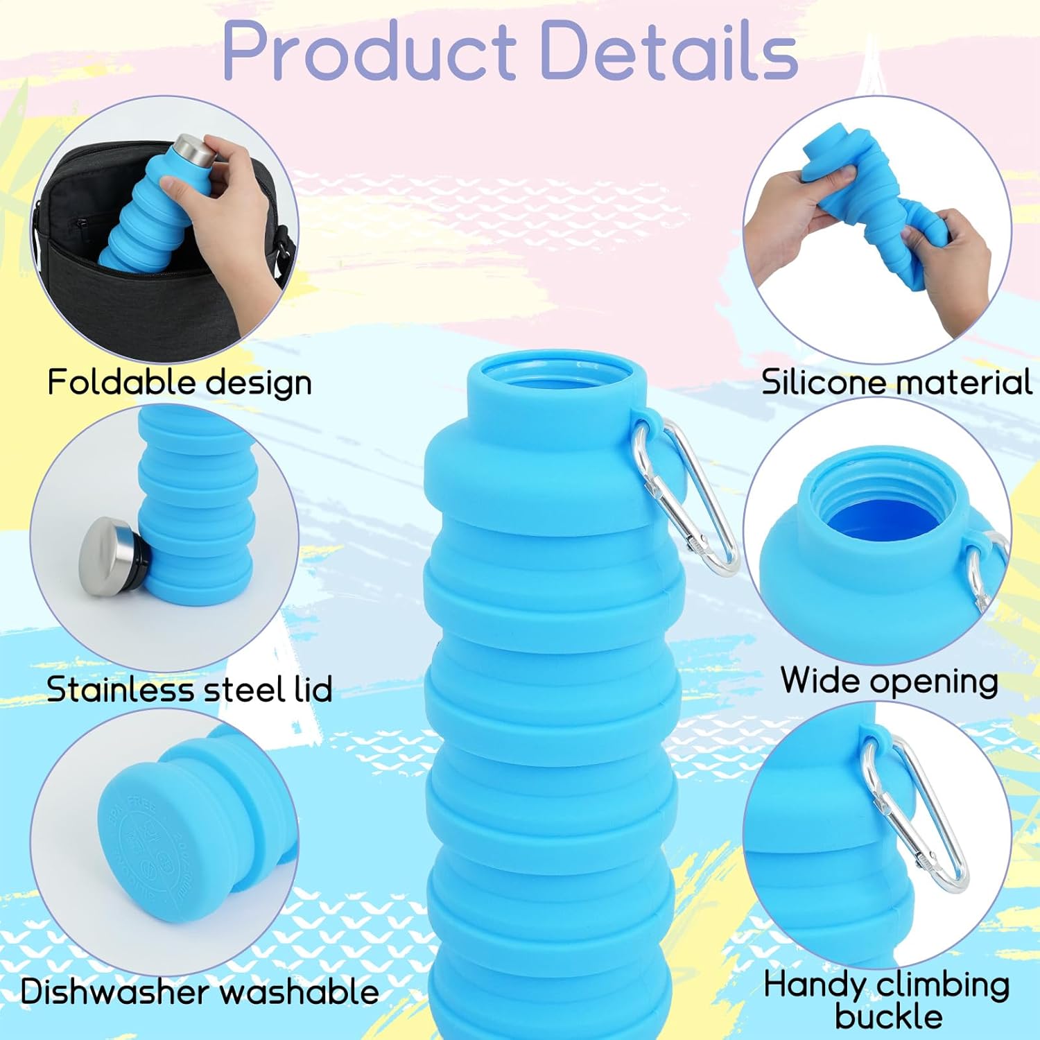 8 Pcs Collapsible Water Bottles Bulk with Carabiner 17 oz Portable Lightweight Sports Bottle Reusable Silicone Foldable Water Bottles for Travel Hiking Camping Gym(Fresh Colors)