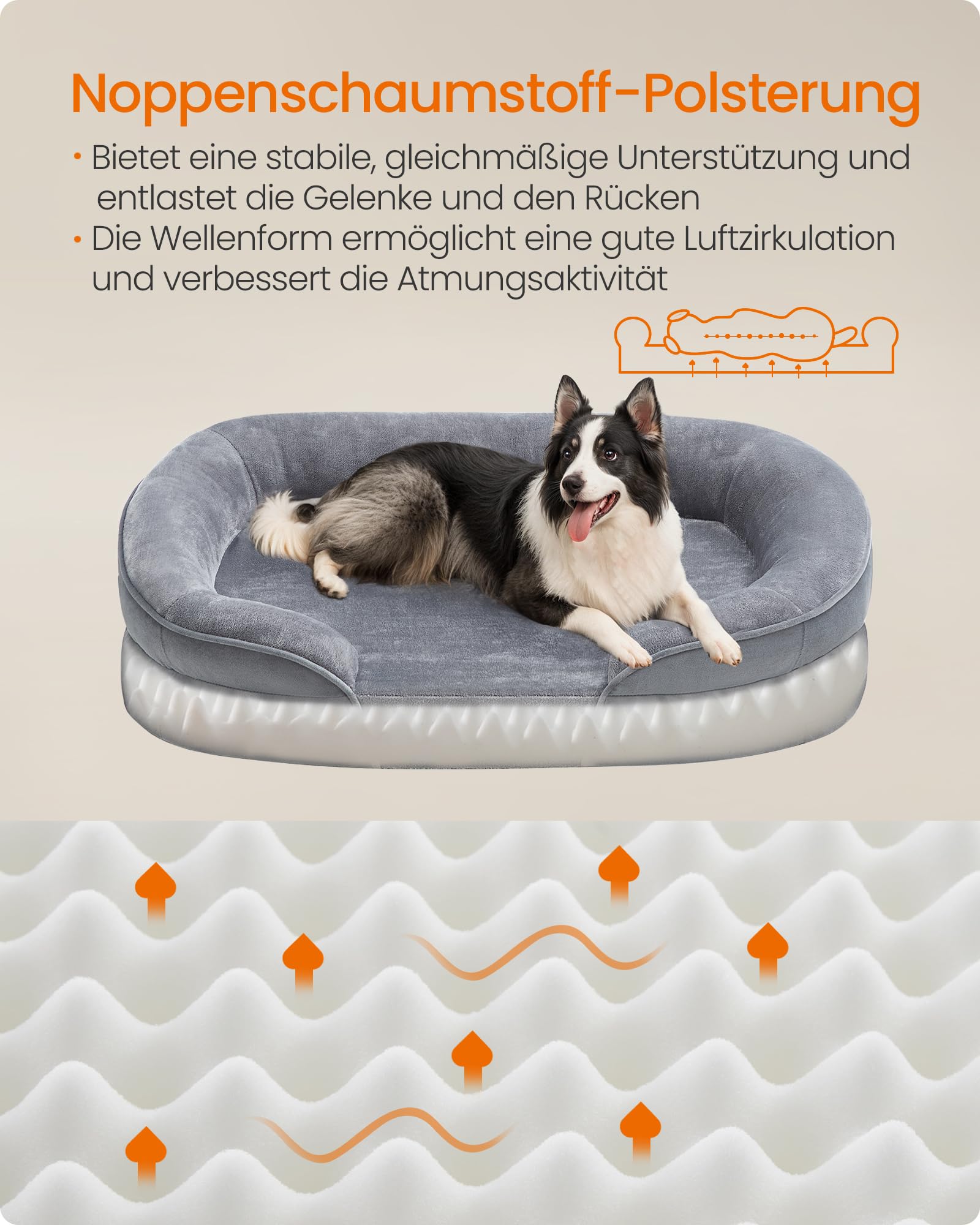 Feandrea Hundebett, orthopädisch, für mittelgroße Hunde, 91 x 68 x 18 cm | Hundekissen, wasserdichte Innenschicht, erhöhte Ränder, abnehmbarer, waschbarer Bezug, rutschfest, hellgrau PGW282G01
