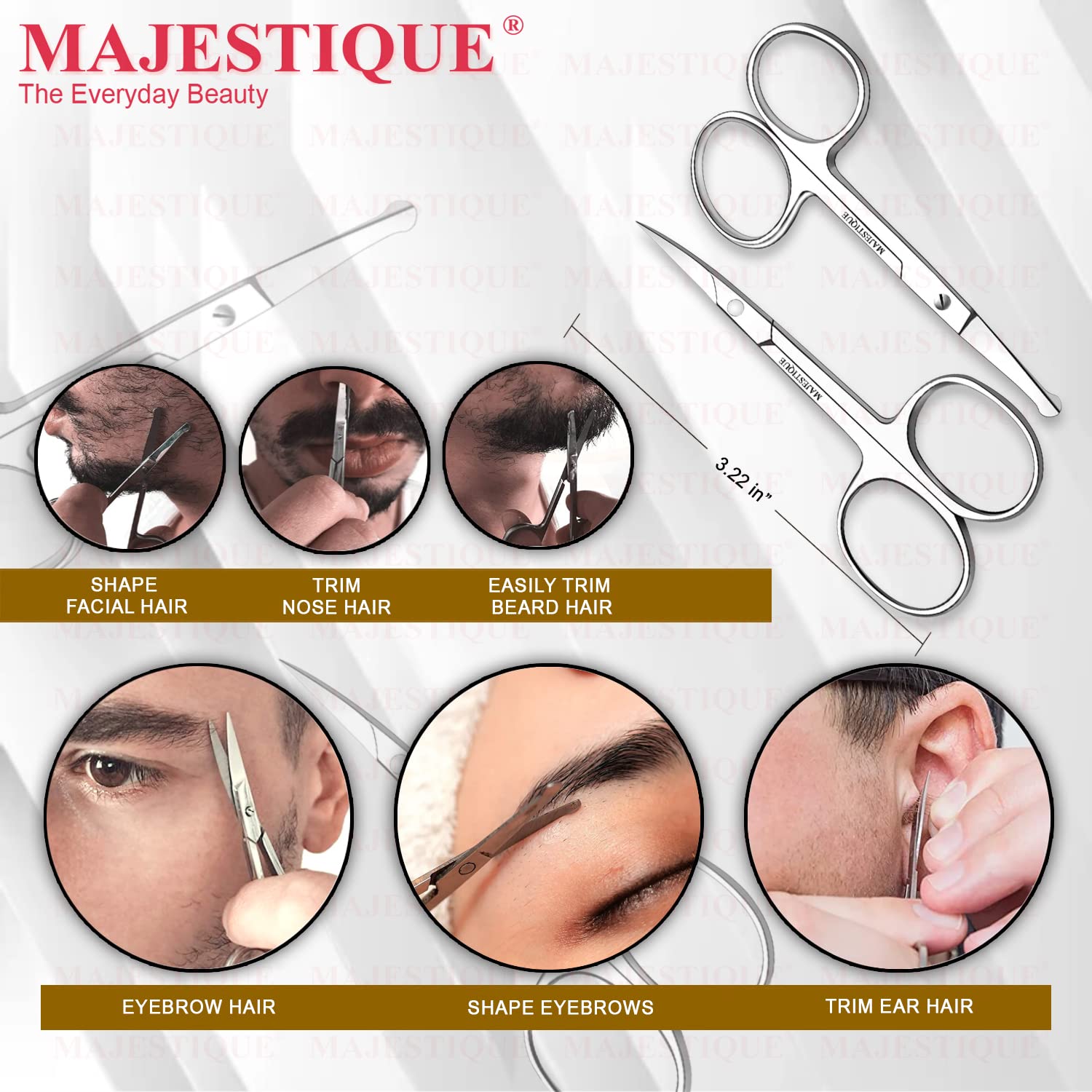 Majestique Facial Hair Scissors - Rounded and Curved for Eyebrow, Mustache, Nose, Beard Trimming - Safety Use for Eyelashes and Ear Hair - Small Grooming for Women & Men