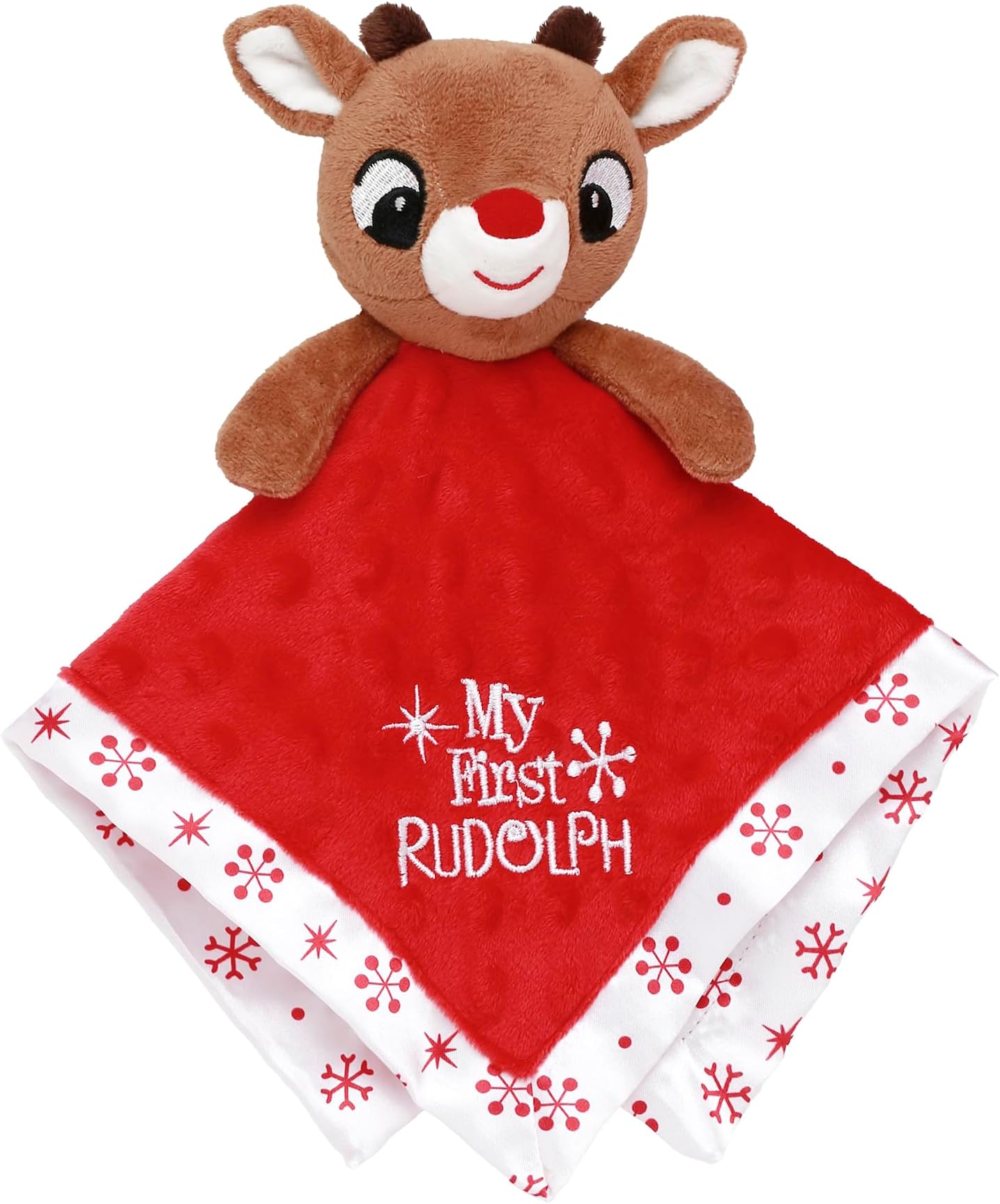 Baby Plush Rattle Snuggle Blanket with Satin and Embroidery, My First Rudolph (Christmas Red, 12 inch)