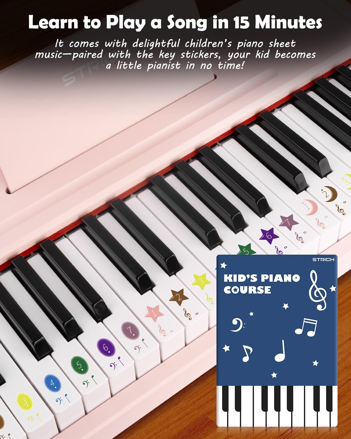 Music book open to a page showing color-coded notes and symbols for learning songs like 'Twinkle Twinkle Little Star'.