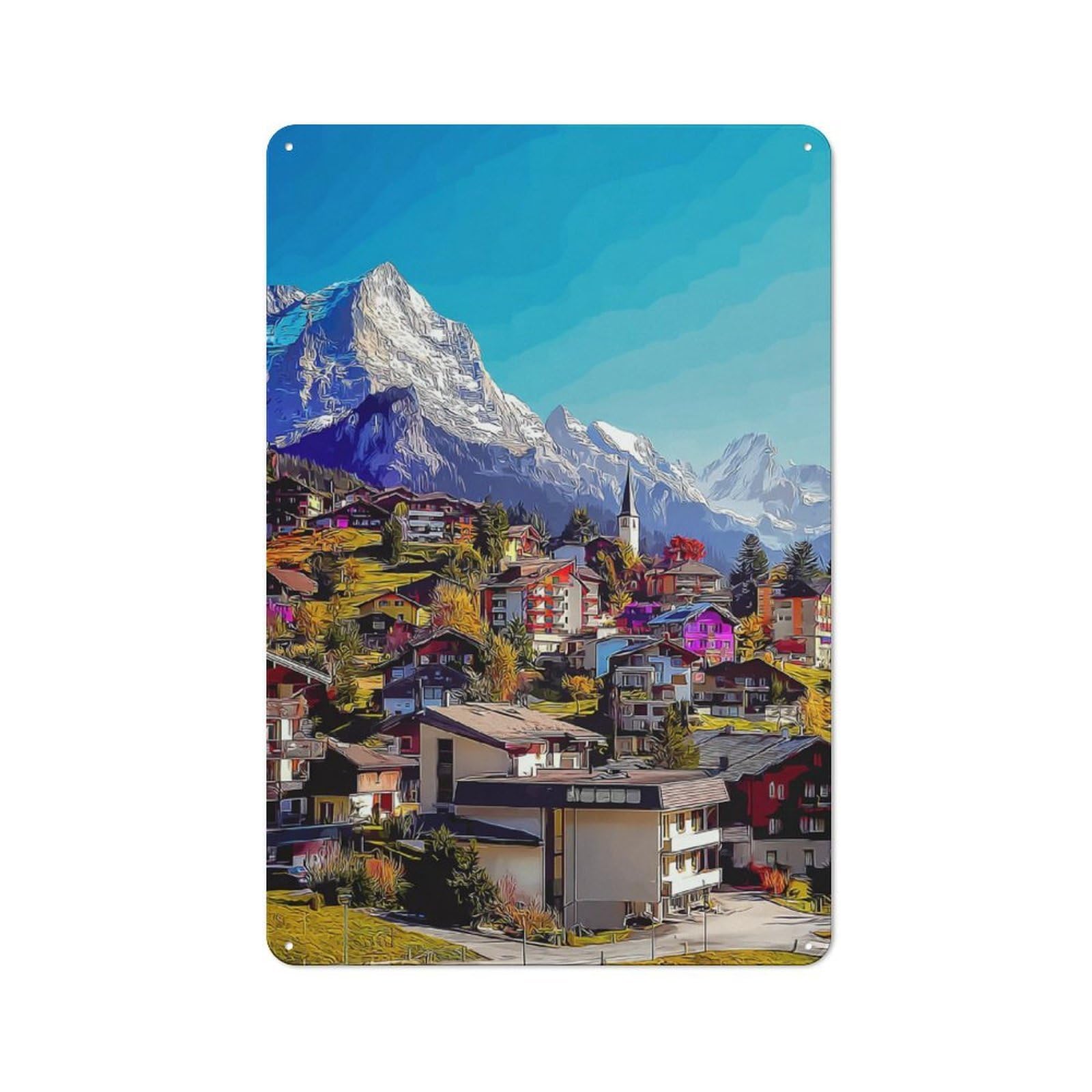 Junmoney Mountain Village With Snow-Capped Peaks Retro Metal Plaque 30X20cm For Guest Room Or Hallway, Housewarming Present For People Styling Guest Room And Hallway