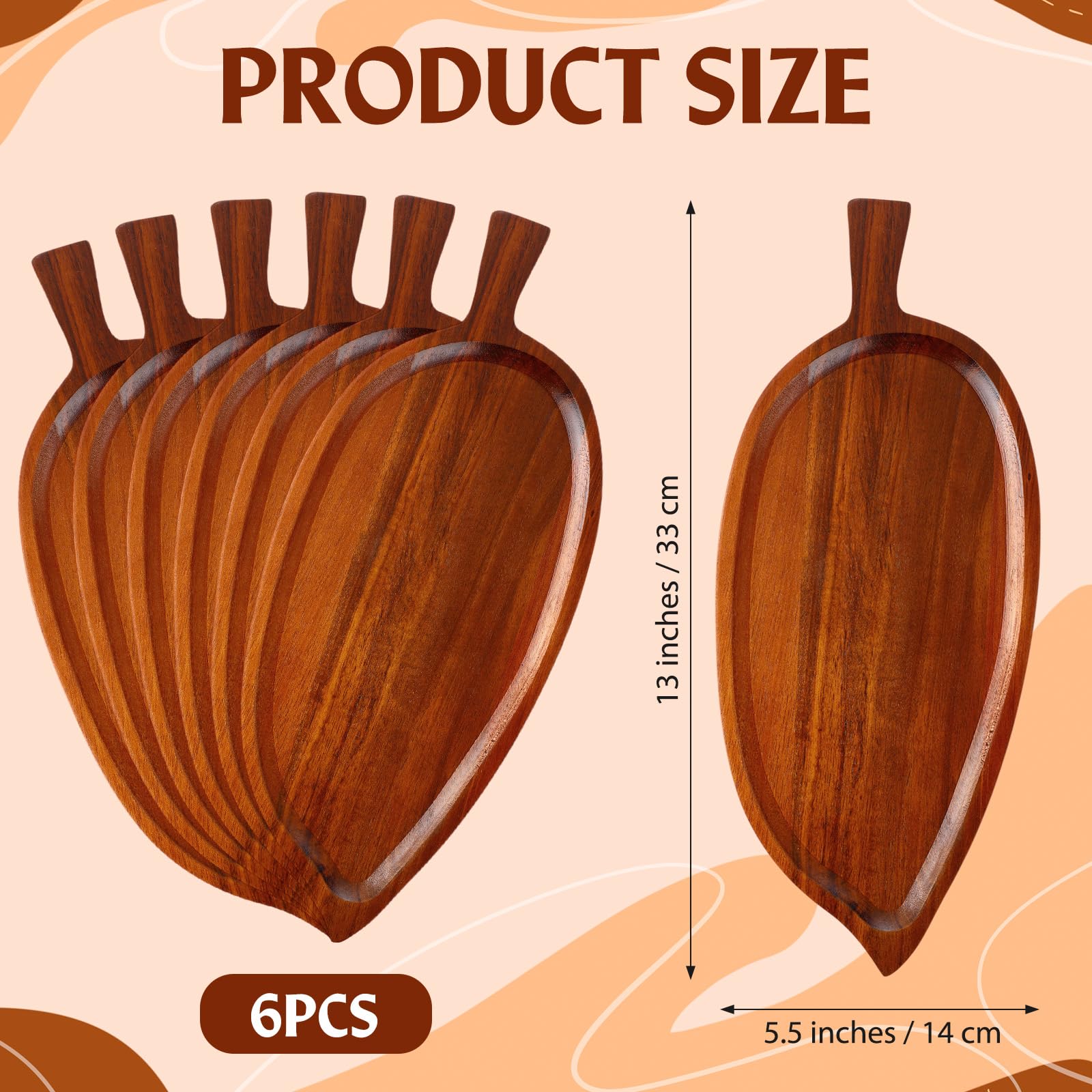 Rtteri Serviertabletts aus Akazienholz, 33 x 14 cm, Blattform, Serviertabletts aus Holz, Blattform, Serviertabletts für Snacks, Kekse, Obst, Käse, Lebensmittelschale, Heimbüro, 6 Stück