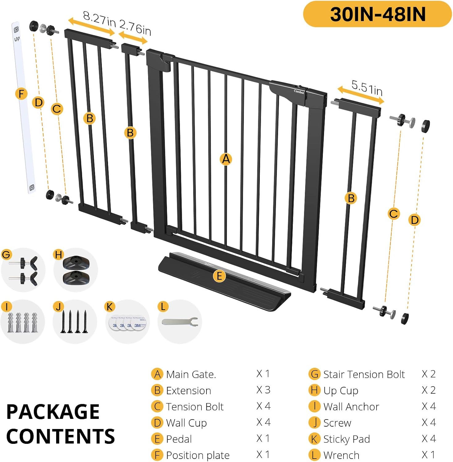 Cumbor 30-48 in Baby Gate for Stairs, Auto Close Dog Gate Indoor, Black | Mom's Choice Awards Winner, Double Lock Safety for Doorways, One-Hand Open Child Gate for Toddlers & Pets, Pressure Mounted
