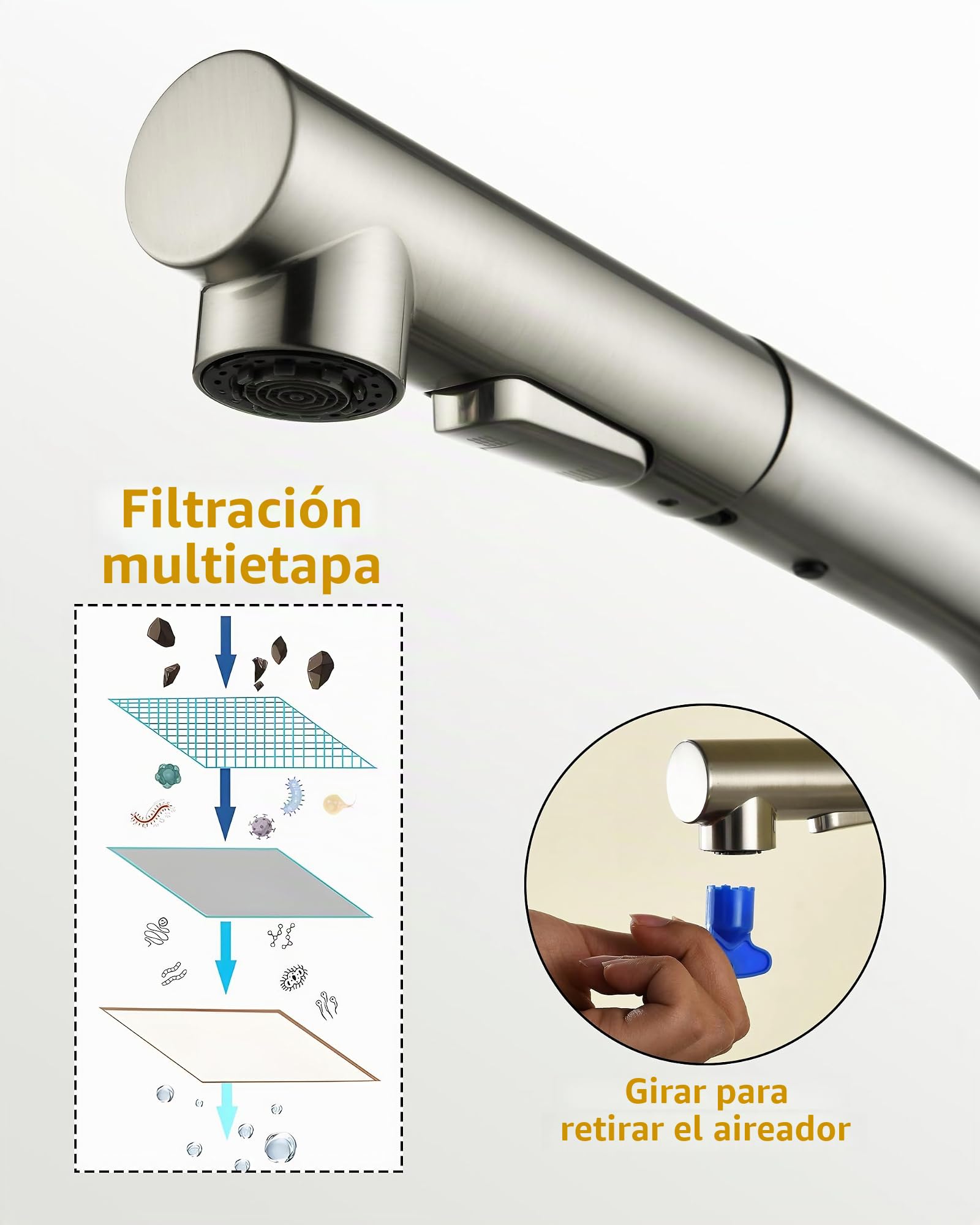 Grifo de cocina Baollansa, grifo extractable con alta presión, grifo de fregadero de cocina con ducha, 2 tipos de chorro de agua, grifo de cocina de acero inoxidable, giratorio 360° (cepillado)