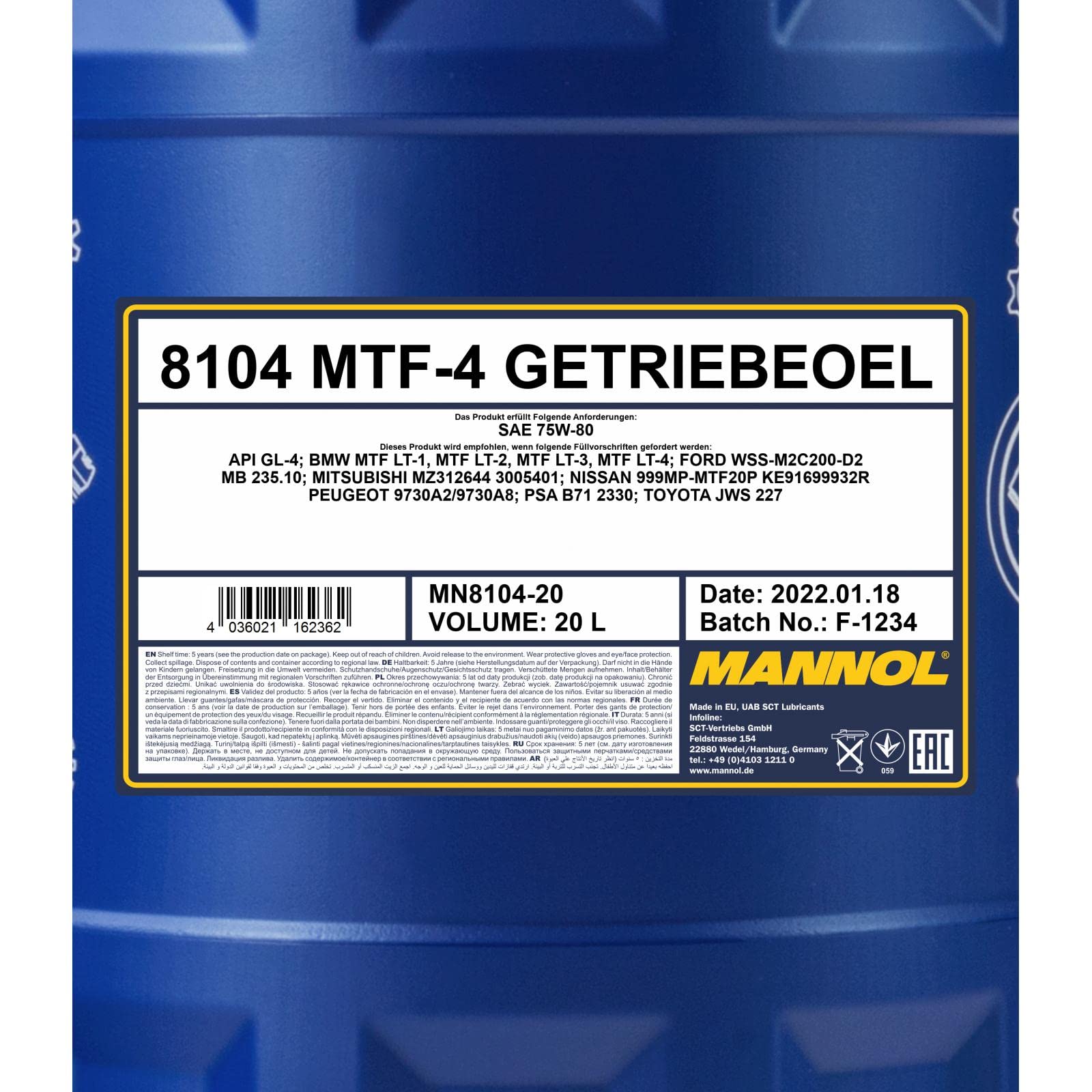 MANNOL 8104 MTF-4 Getriebeöl 75W-80 synthetisch GL-4 Schaltgetriebe, 20L | Synthetisches Schaltgetriebeöl, API GL-4, für BMW, Volvo, Toyota, Nissan, Peugeot, Honda, mit hohem Verschleißschutz