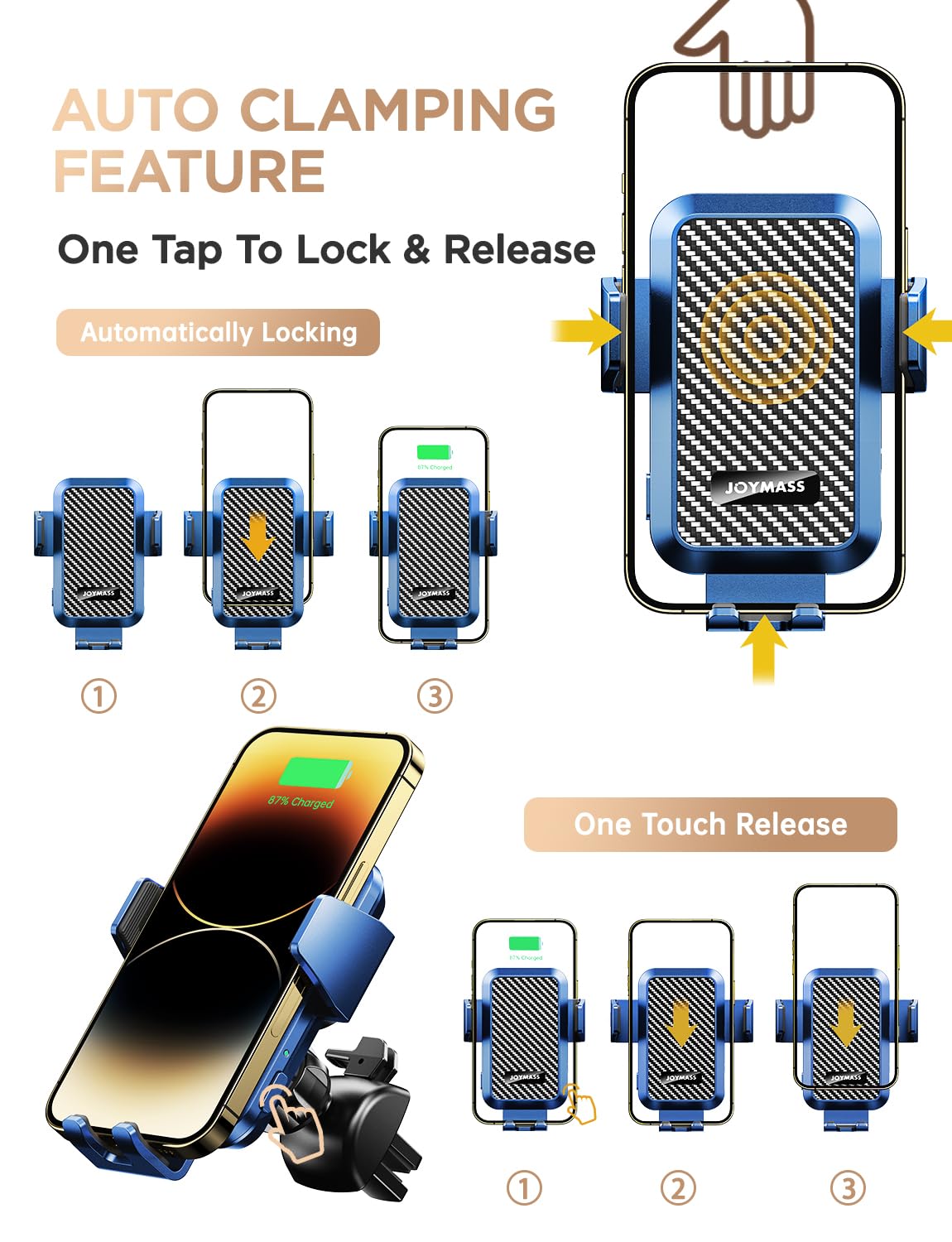 JOYMASS Cargador inalámbrico de coche, soportes de teléfono para tu coche, 15 W, soporte de teléfono de sujeción automática, accesorios de coche para iPhone 16, 15, 14, 13, 12 Mini Pro Max 11, Samsung