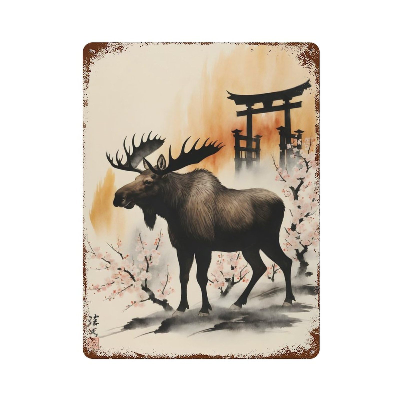 Japan Painting Moose Retro Metal Sign 15.7"x11.8", for Pub, Kitchen And Man Cave Decor, Industrial Home Decor