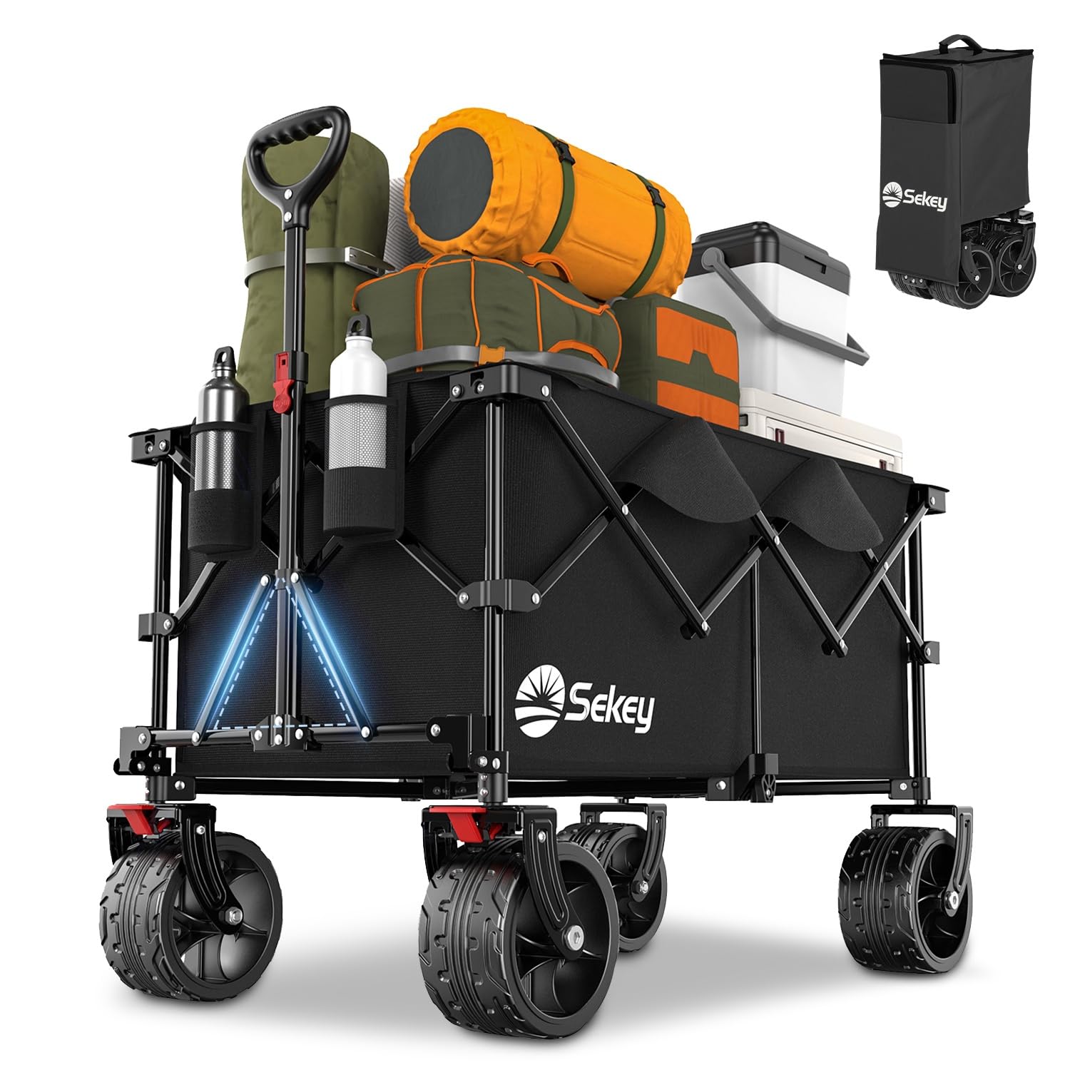 Sekey XXL Plus Carro Playa con Frenos 200L 150KG, Carrito Plegable con Ruedas Grandes Extra 17x10 cm Todo Terreno, Plegable Patentado en Cuatro Direcciones SE4011, Negro Profundo