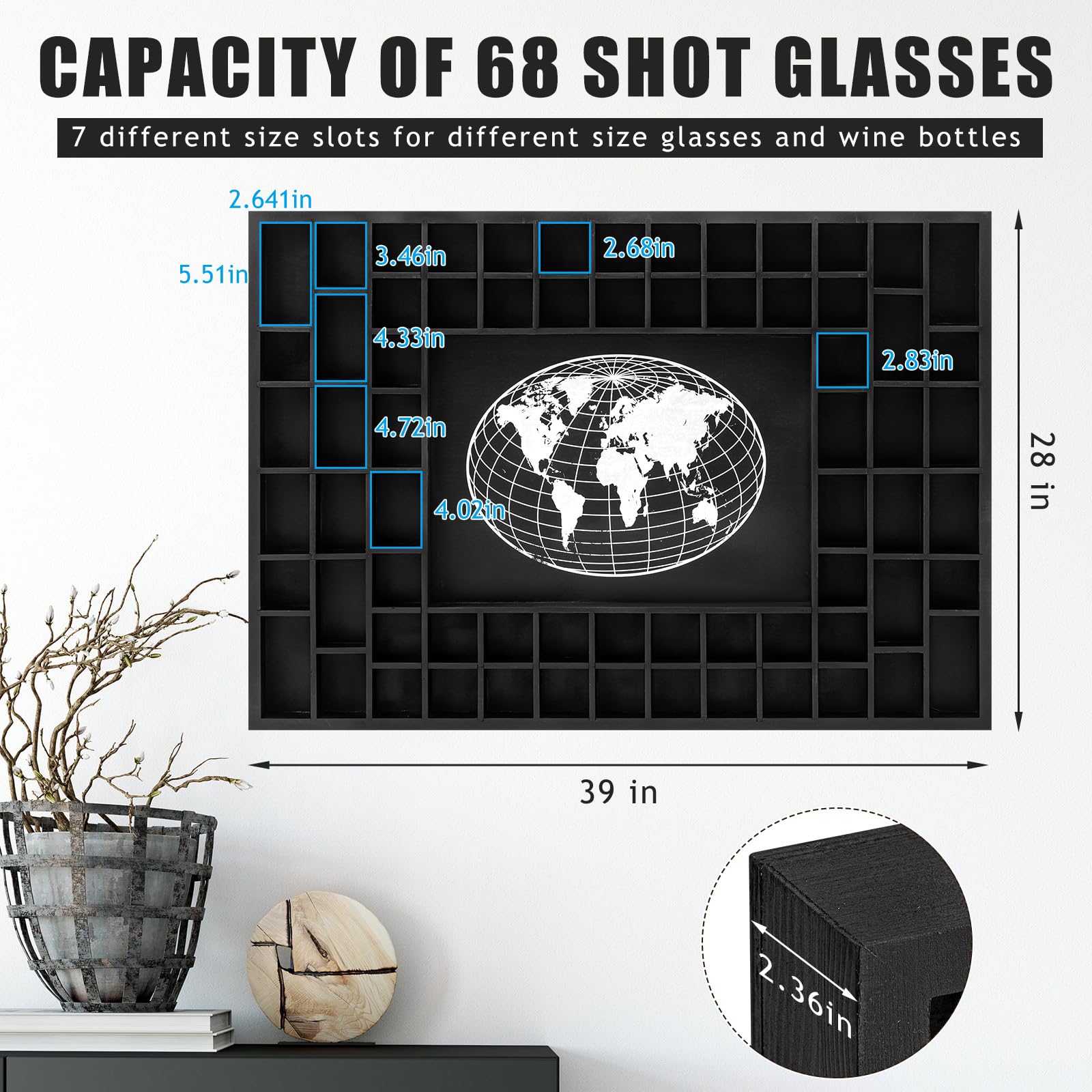 GlikCeil Large World Map 68 Slots Shot Glass Display Case 39 x 28'' Rustic Wood Shot Glass Holder for 7 Sizes Wineglass Bar Shelf Organizer Wall Mount Storage Shadow Cabinet Decor (Black)